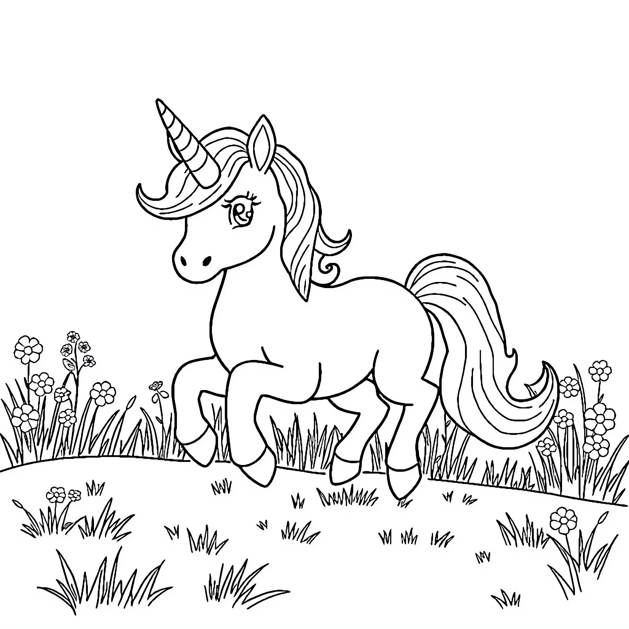 Unicorn strolling through a magical meadow Coloring Page (free black-and-white line drawing printable PDF for all, from beginners to advanced learners, including children, teens, adults, and seniors)
