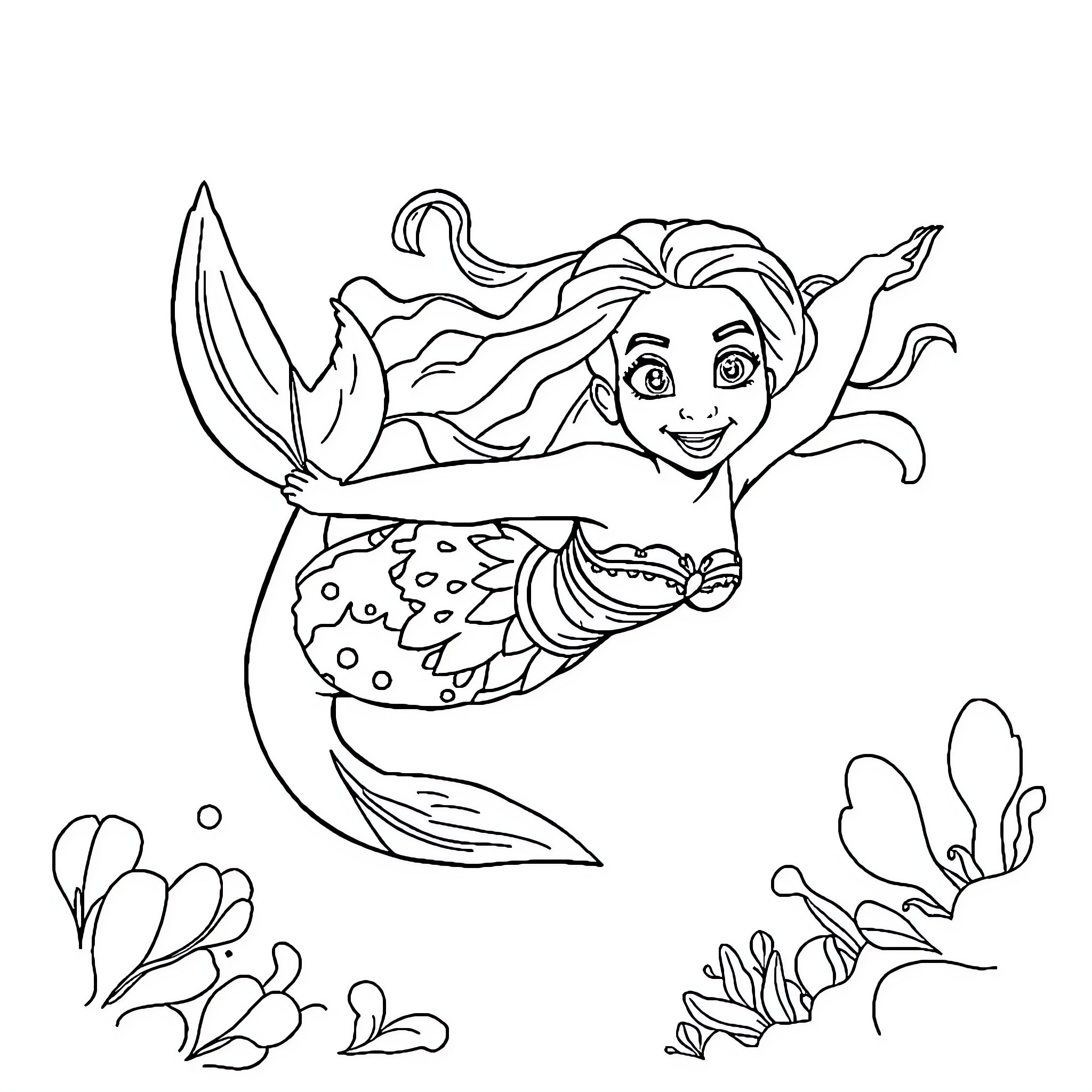 Moana swimming joyfully with marine creatures Coloring Page (free black-and-white line drawing printable PDF for all, from beginners to advanced learners, including children, teens, adults, and seniors)