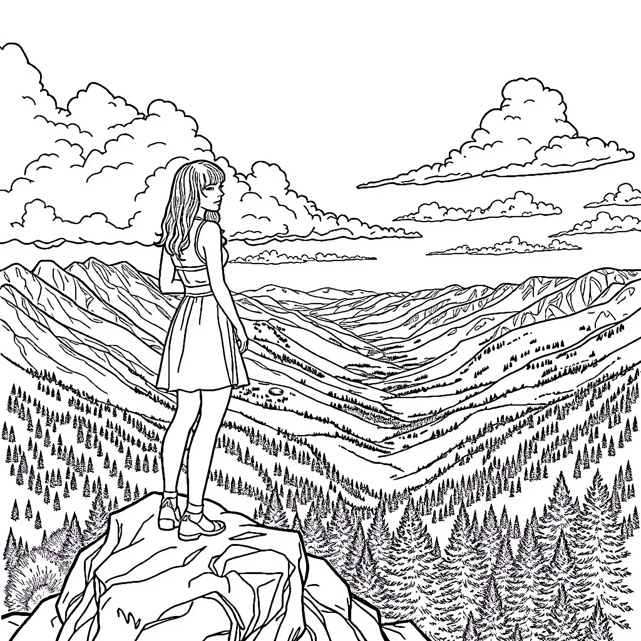 Taylor Swift contemplating the majestic mountain landscape Coloring Page (free black-and-white line drawing printable PDF for all, from beginners to advanced learners, including children, teens, adults, and seniors)