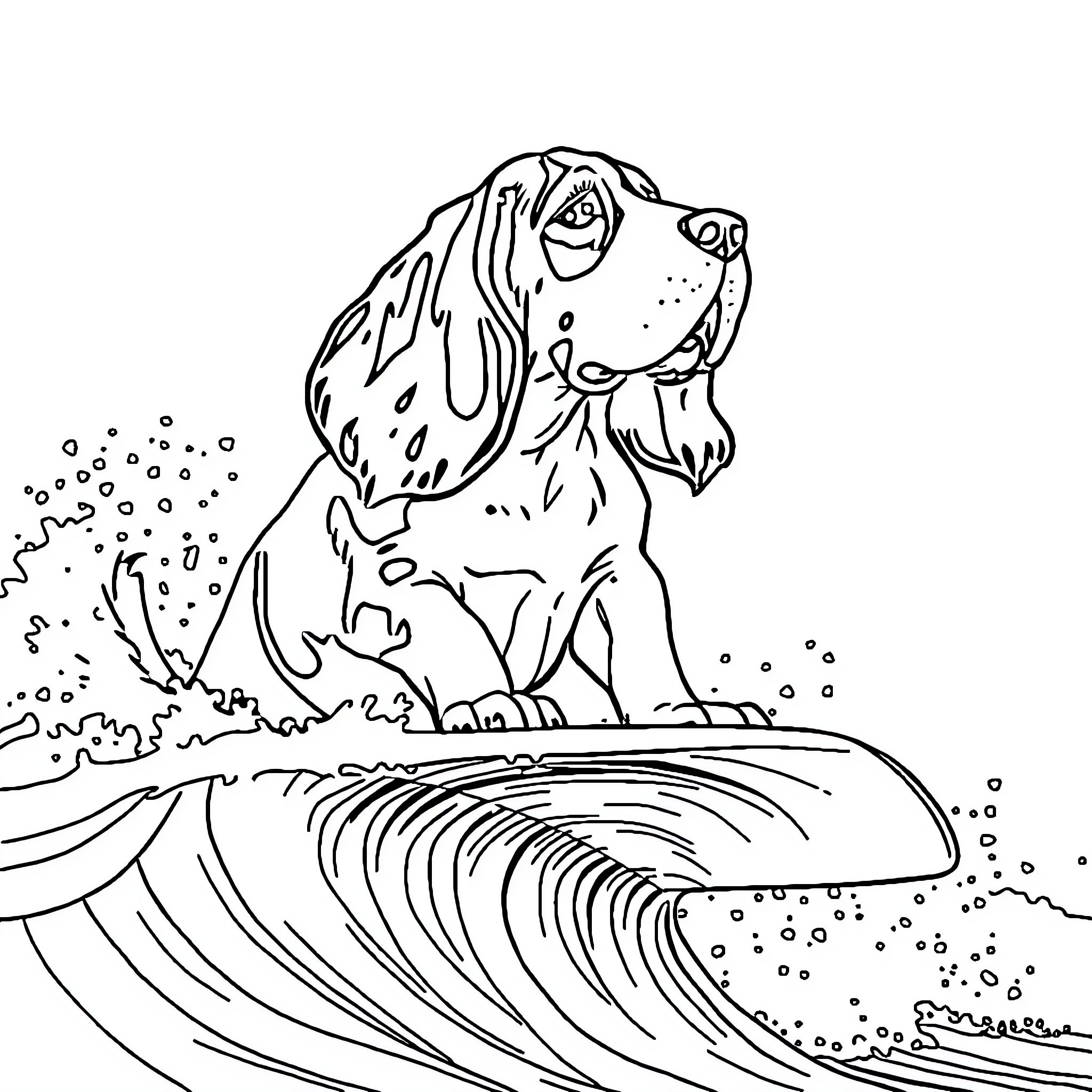 Basset Hound surfing the waves Coloring Page (free black-and-white line drawing printable PDF for all, from beginners to advanced learners, including children, teens, adults, and seniors)