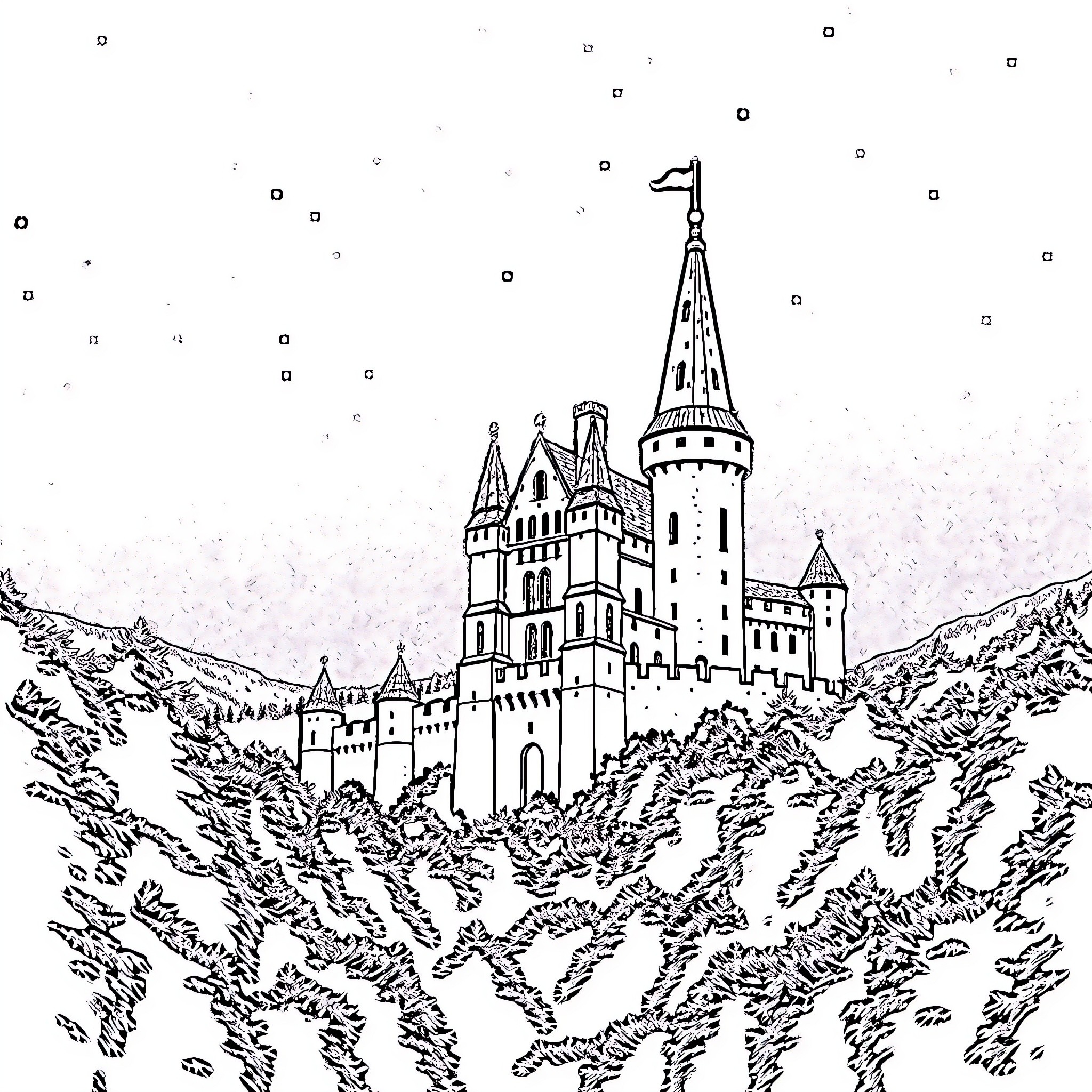 Castle perched atop a rugged, mountainous landscape Coloring Page (free black-and-white line drawing printable PDF for all, from beginners to advanced learners, including children, teens, adults, and seniors)
