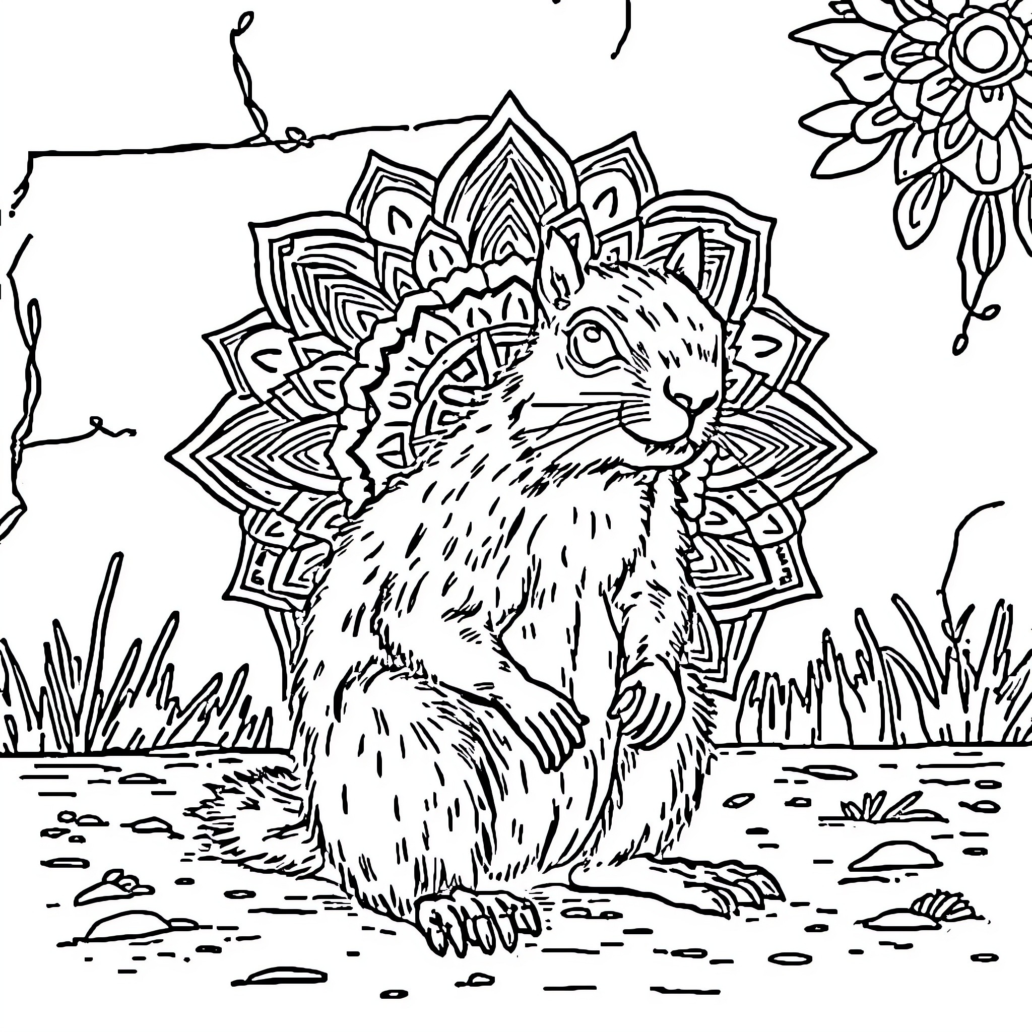Squirrel meditating in serene natural setting Coloring Page (free black-and-white line drawing printable PDF for all, from beginners to advanced learners, including children, teens, adults, and seniors)