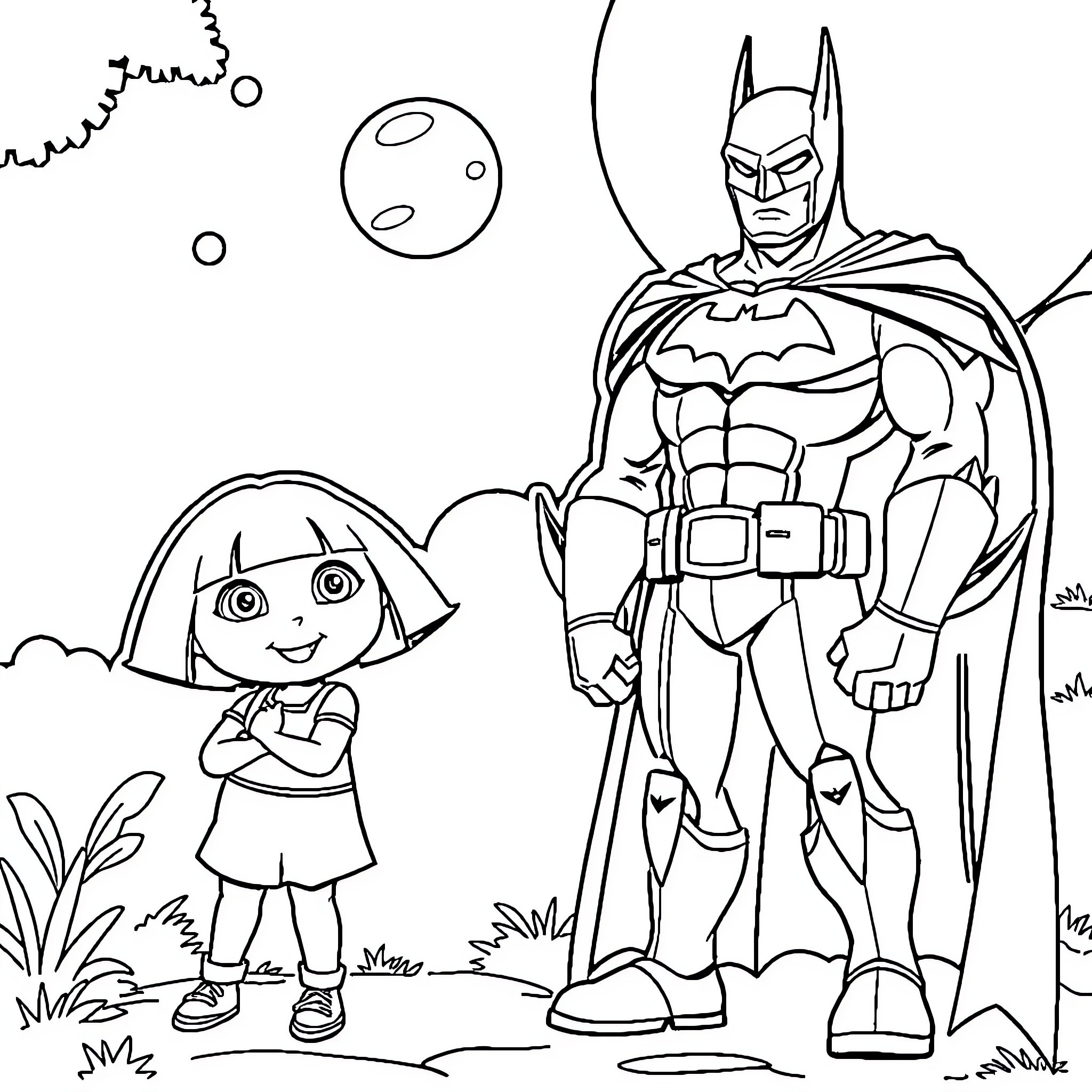 Batman Protecting Dora the Explorer in the Outdoors Coloring Page (free black-and-white line drawing printable PDF for all, from beginners to advanced learners, including children, teens, adults, and seniors)
