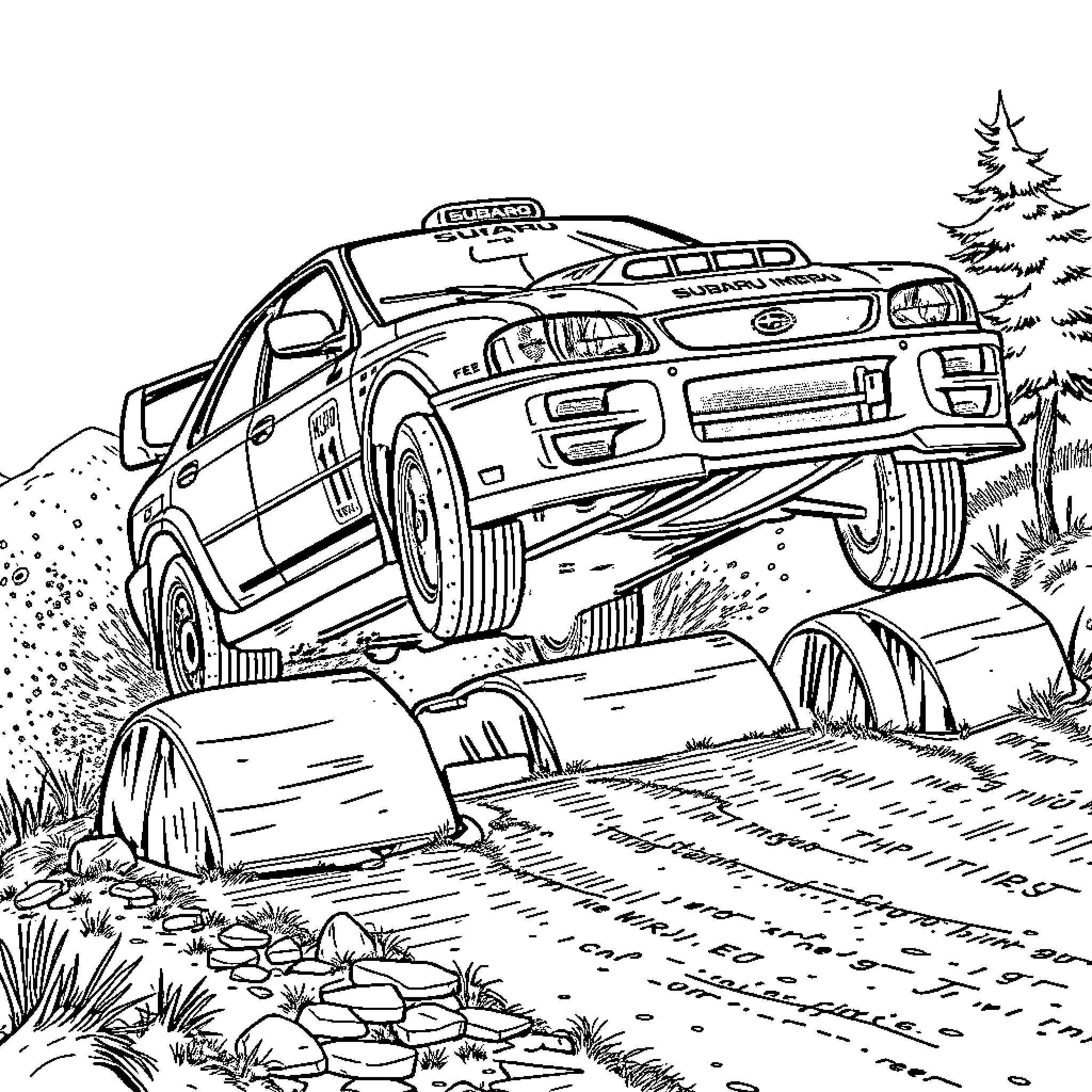 Subaru SUV Traversing Off-Road Terrain Coloring Page (free black-and-white line drawing printable PDF for all, from beginners to advanced learners, including children, teens, adults, and seniors)