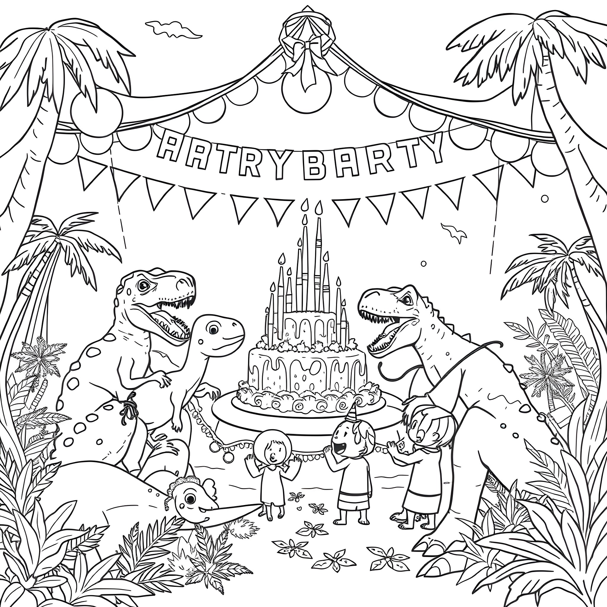 Jurassic Park Birthday Party with Dinosaurs and Decorations Coloring Page (free black-and-white line drawing printable PDF for all, from beginners to advanced learners, including children, teens, adults, and seniors)
