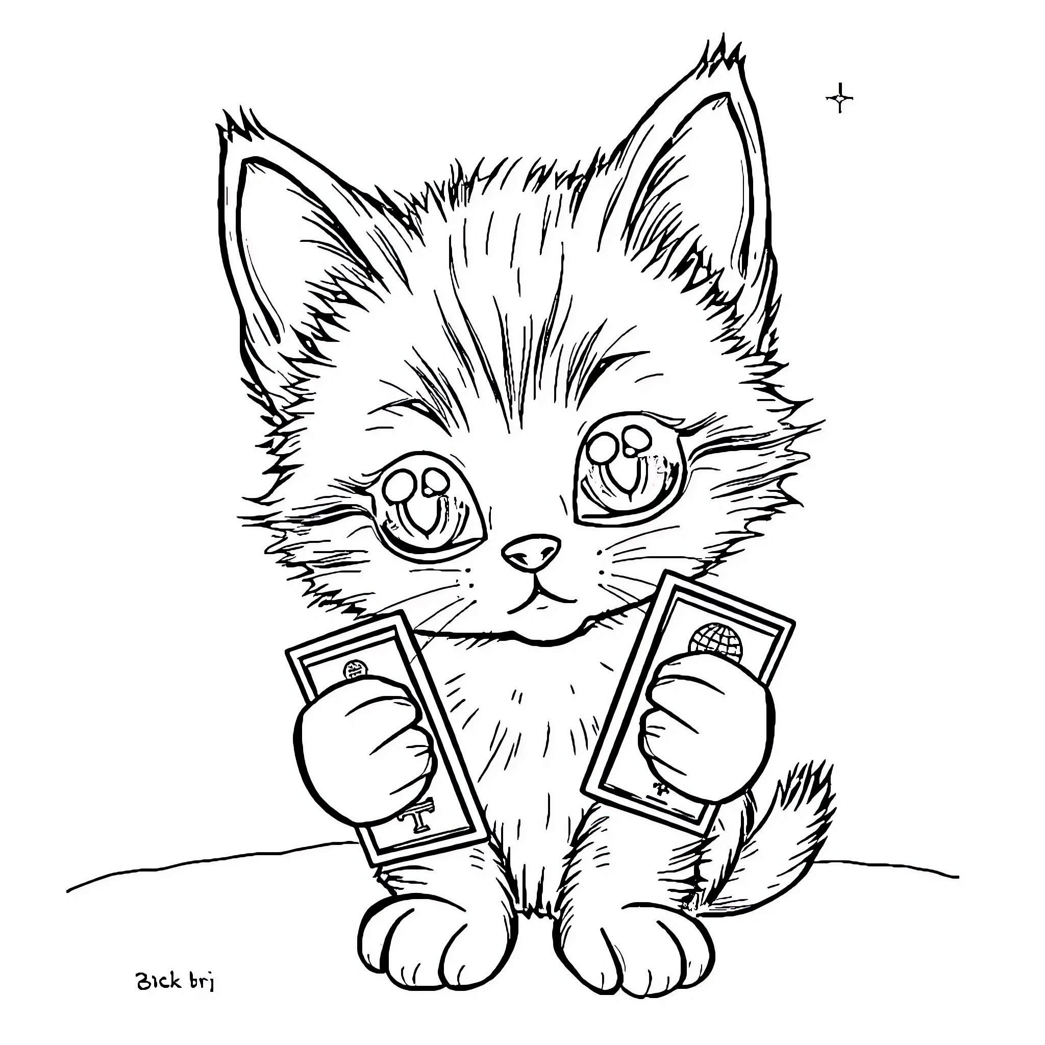 Kitten Holding Smartphones with Smiling Faces Coloring Page (free black-and-white line drawing printable PDF for all, from beginners to advanced learners, including children, teens, adults, and seniors)