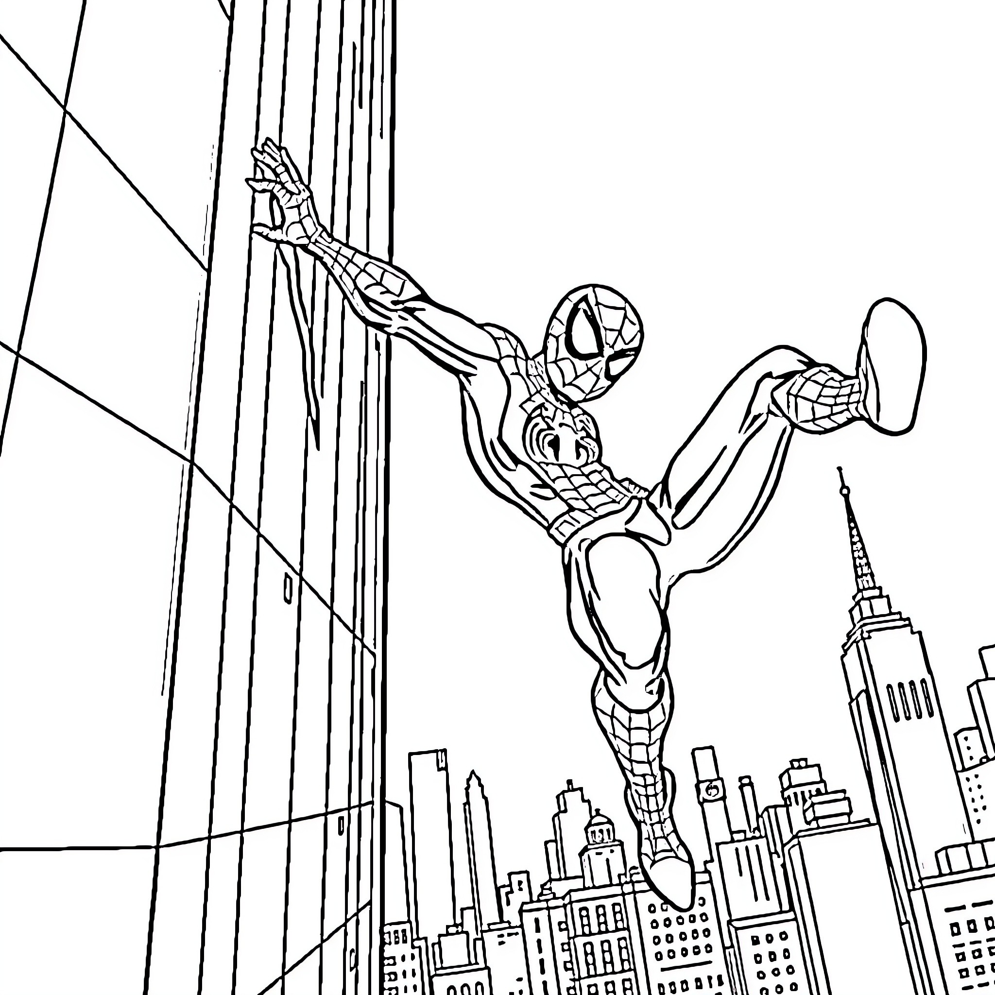 Spiderman swinging across the city skyline Coloring Page (free black-and-white line drawing printable PDF for all, from beginners to advanced learners, including children, teens, adults, and seniors)
