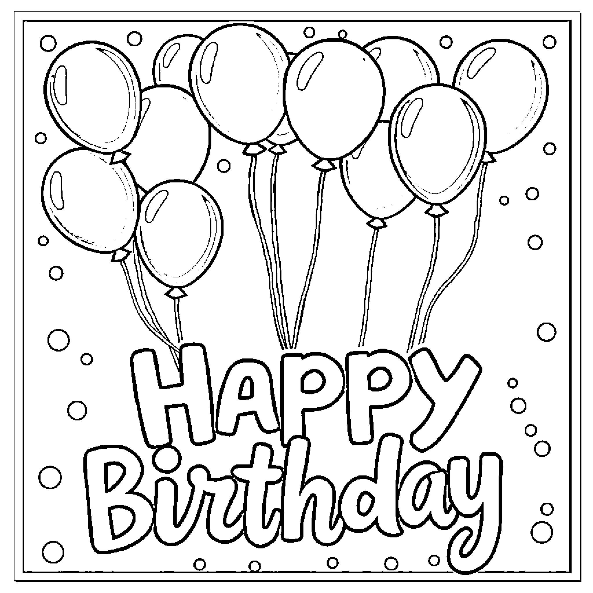 Birthday Card with Happy Birthday Text and Balloons Coloring Page (free black-and-white line drawing printable PDF for all, from beginners to advanced learners, including children, teens, adults, and seniors)