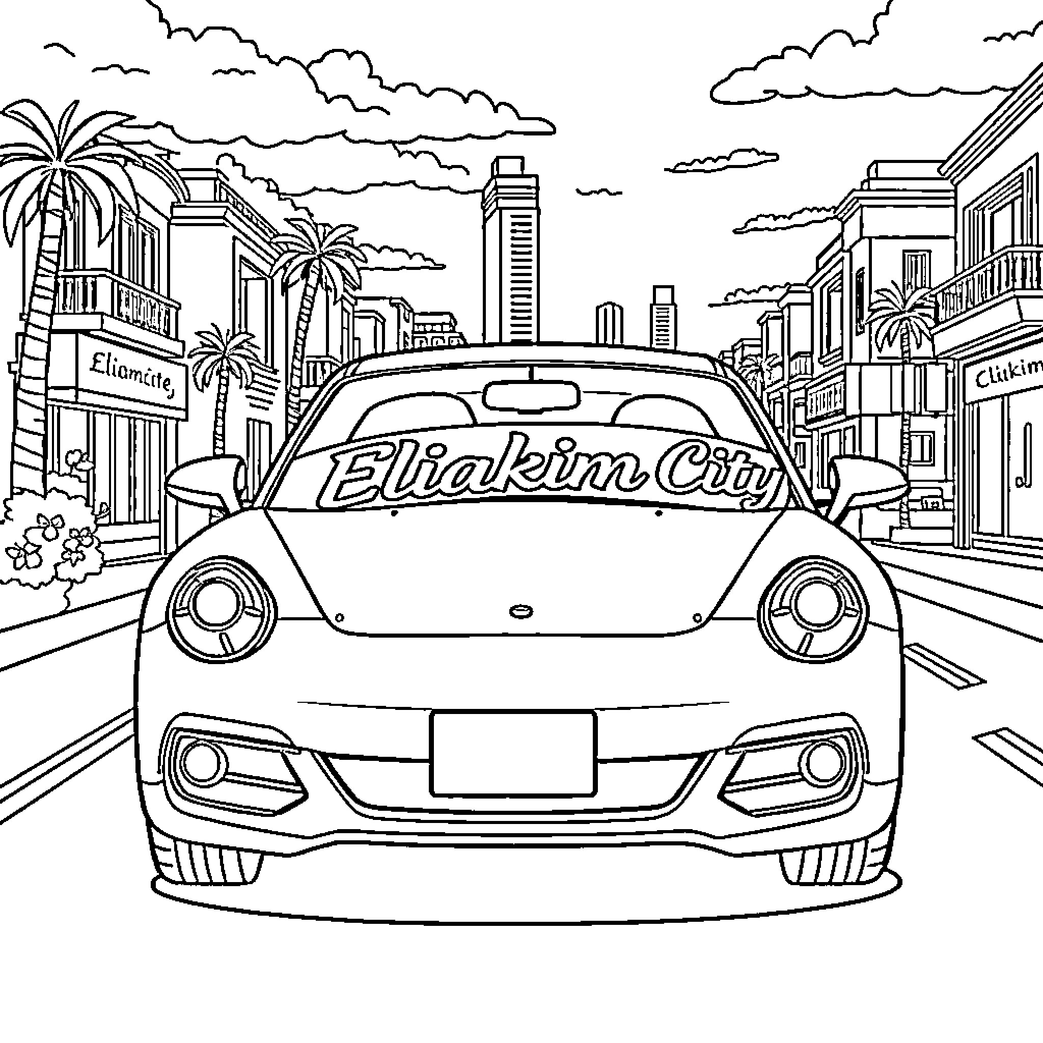 Car driving through Ellakin City Coloring Page (free black-and-white line drawing printable PDF for all, from beginners to advanced learners, including children, teens, adults, and seniors)