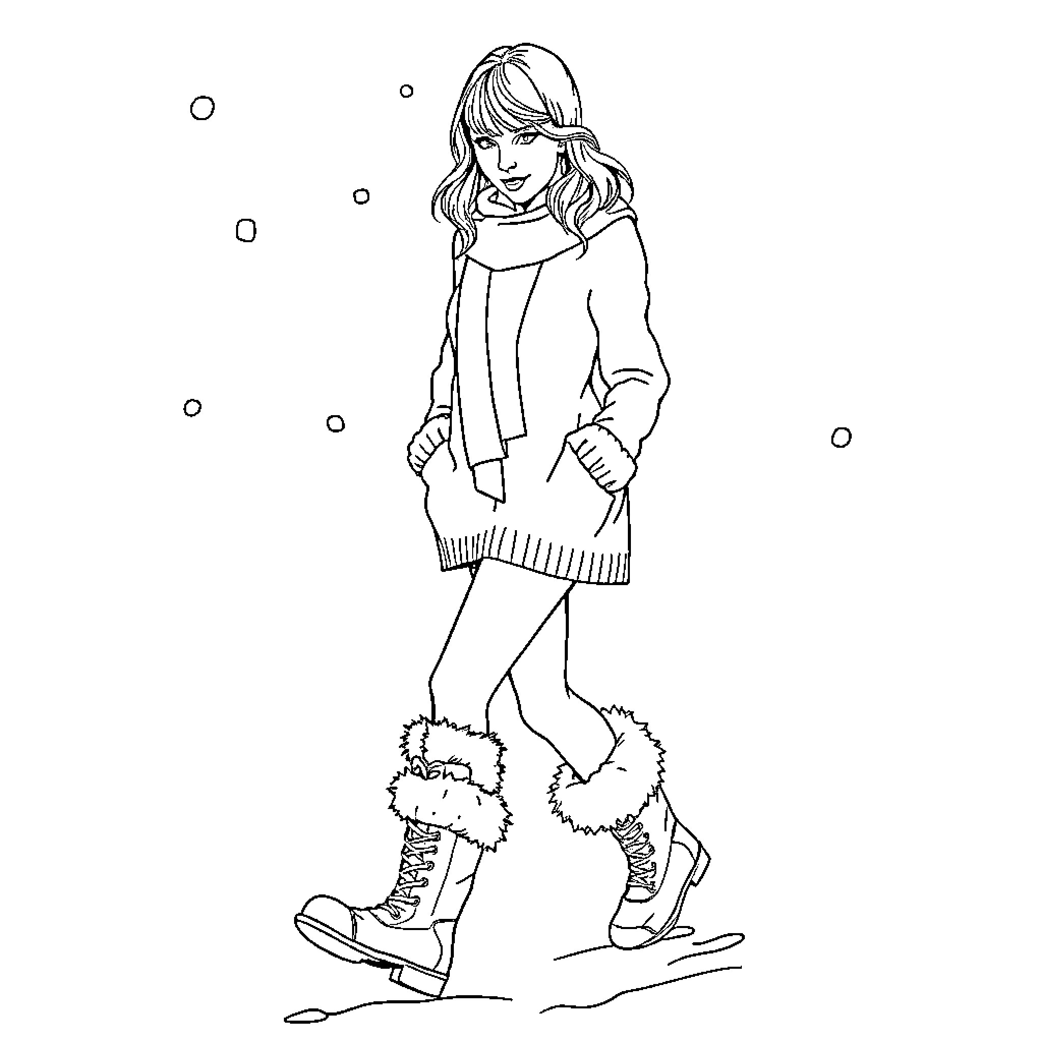 Taylor Swift enjoying winter with cozy outfit Coloring Page (free black-and-white line drawing printable PDF for all, from beginners to advanced learners, including children, teens, adults, and seniors)