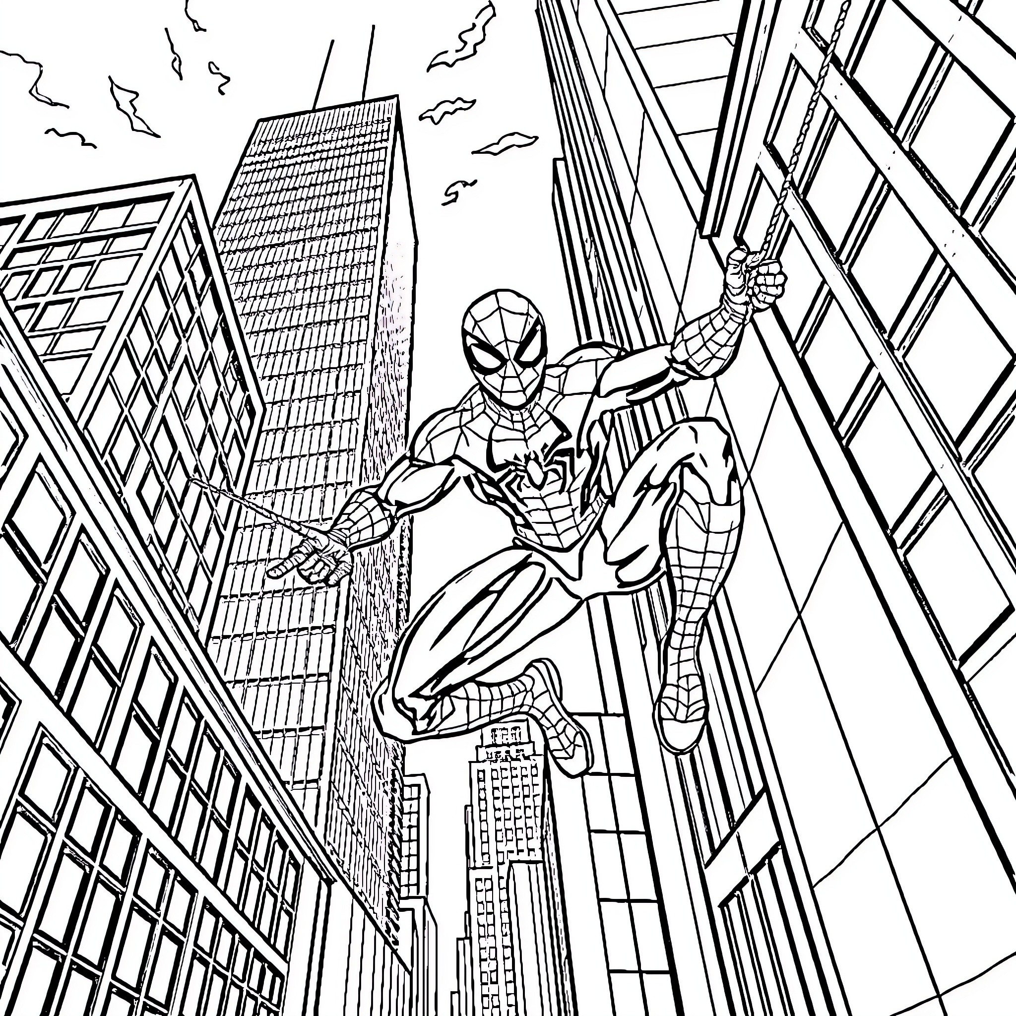 Spider-Man swinging through the city skyline Coloring Page (free black-and-white line drawing printable PDF for all, from beginners to advanced learners, including children, teens, adults, and seniors)