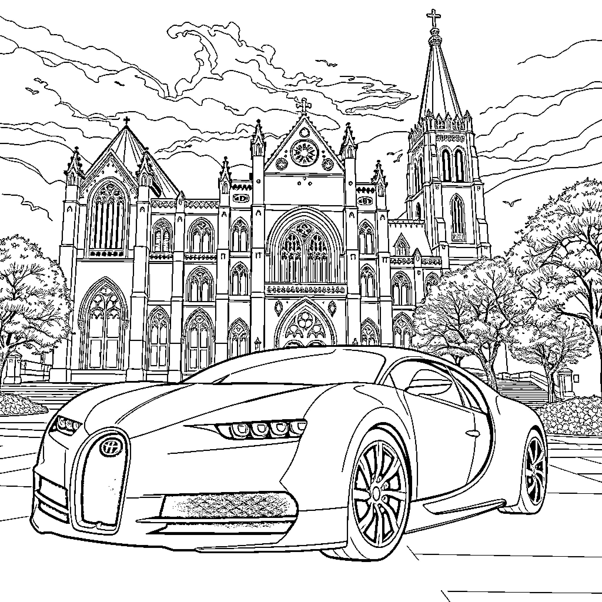Bugatti sports car parked outside Gothic cathedral Coloring Page (free black-and-white line drawing printable PDF for all, from beginners to advanced learners, including children, teens, adults, and seniors)