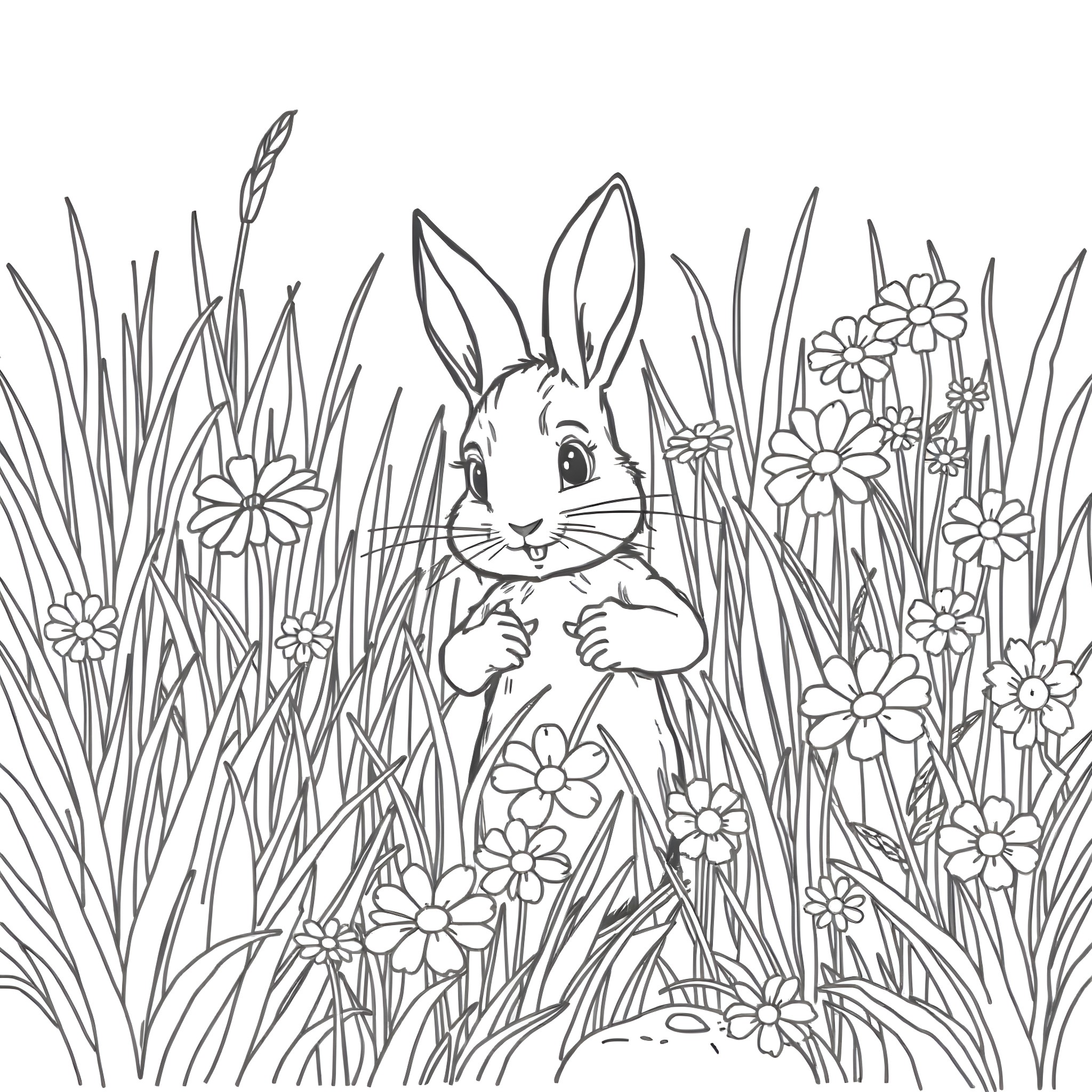 Peter Rabbit playing in the flower meadow Coloring Page (free black-and-white line drawing printable PDF for all, from beginners to advanced learners, including children, teens, adults, and seniors)