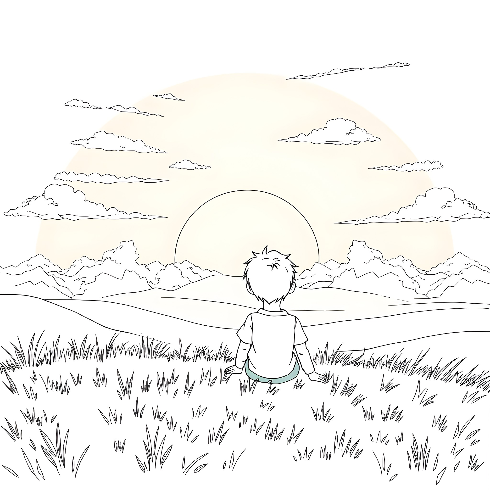 Girl and Boy Admiring the Scenic Sunset Coloring Page (free black-and-white line drawing printable PDF for all, from beginners to advanced learners, including children, teens, adults, and seniors)