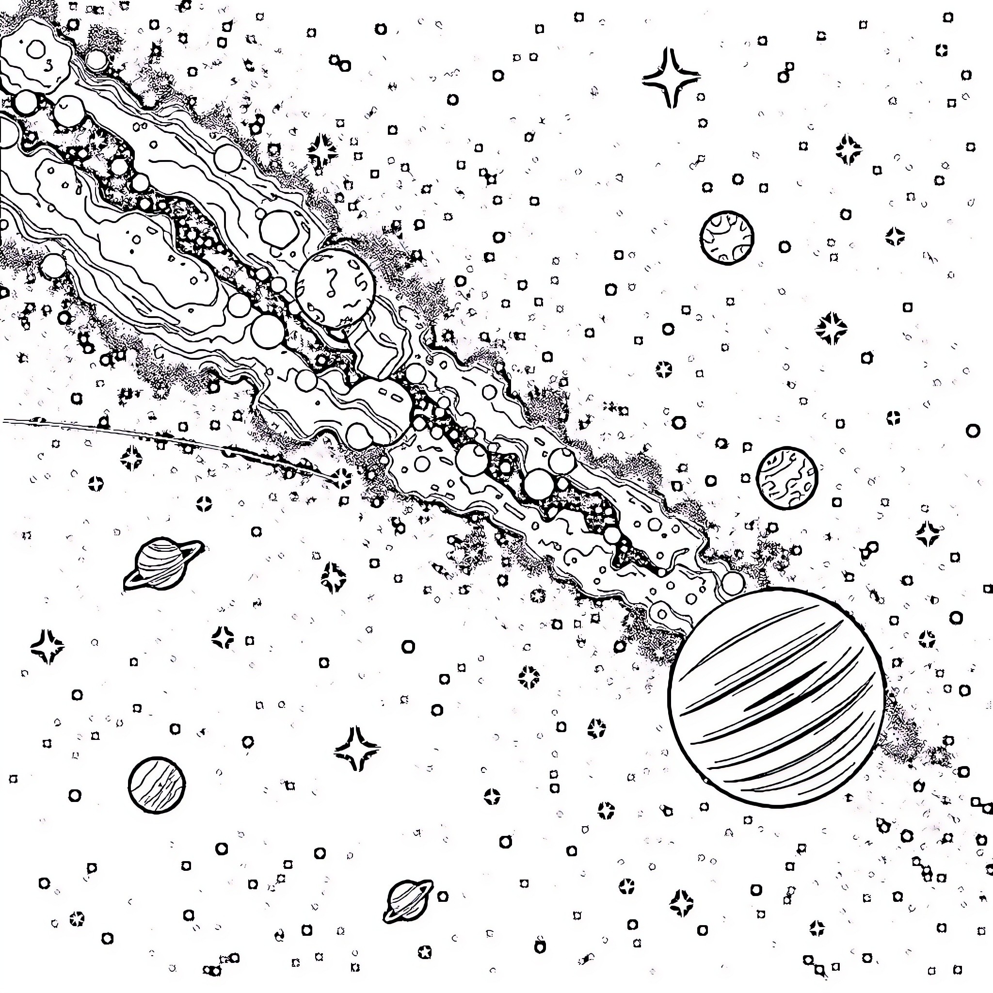 Astronomy: Celestial Wonders in the Cosmos Coloring Page (free black-and-white line drawing printable PDF for all, from beginners to advanced learners, including children, teens, adults, and seniors)