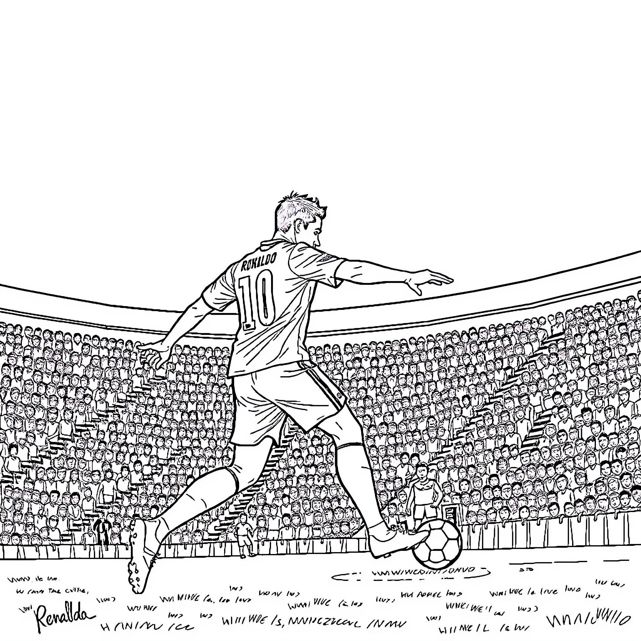 Cristiano Ronaldo celebrating on the football pitch Coloring Page (free black-and-white line drawing printable PDF for all, from beginners to advanced learners, including children, teens, adults, and seniors)