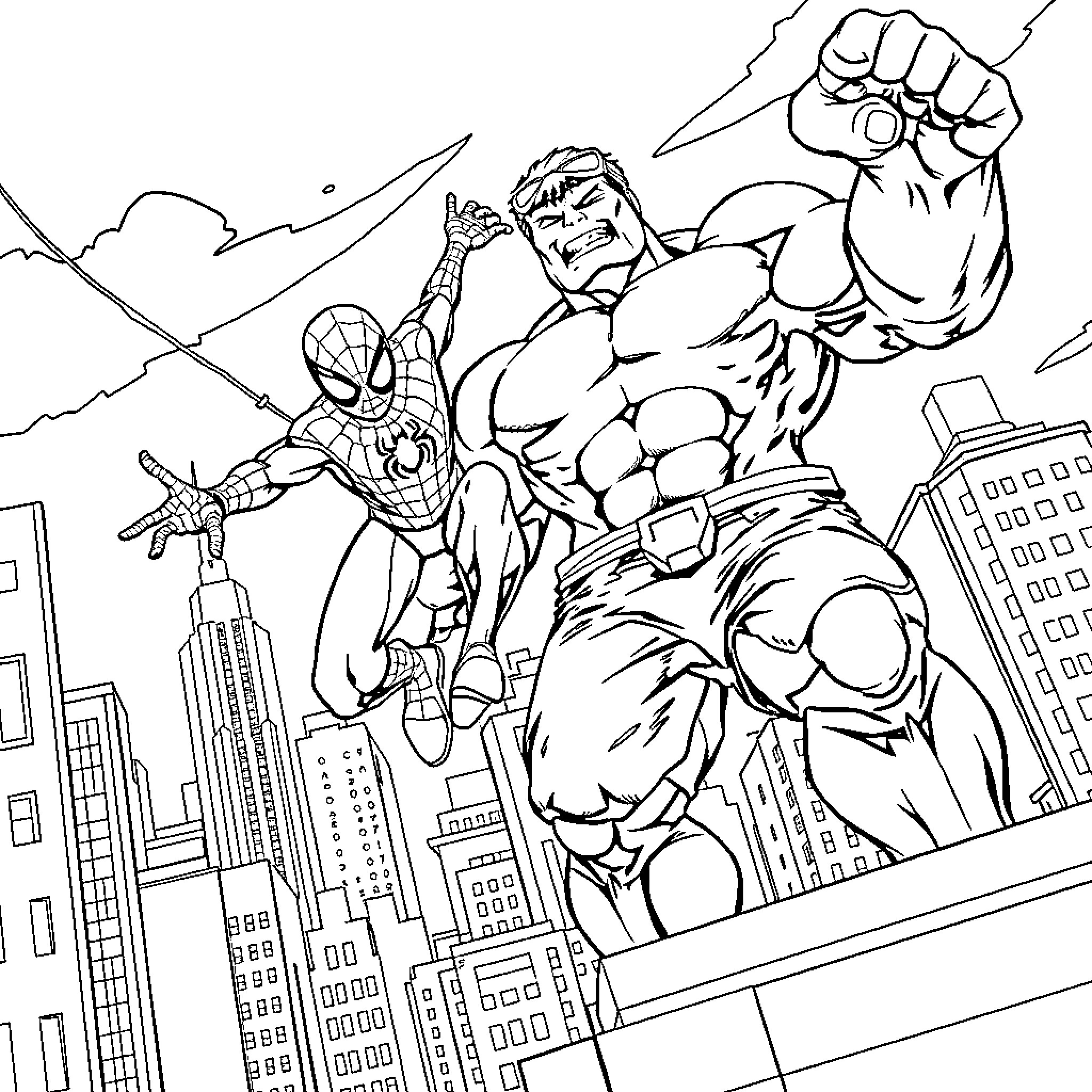 Spiderman battling a powerful foe in the city Coloring Page (free black-and-white line drawing printable PDF for all, from beginners to advanced learners, including children, teens, adults, and seniors)