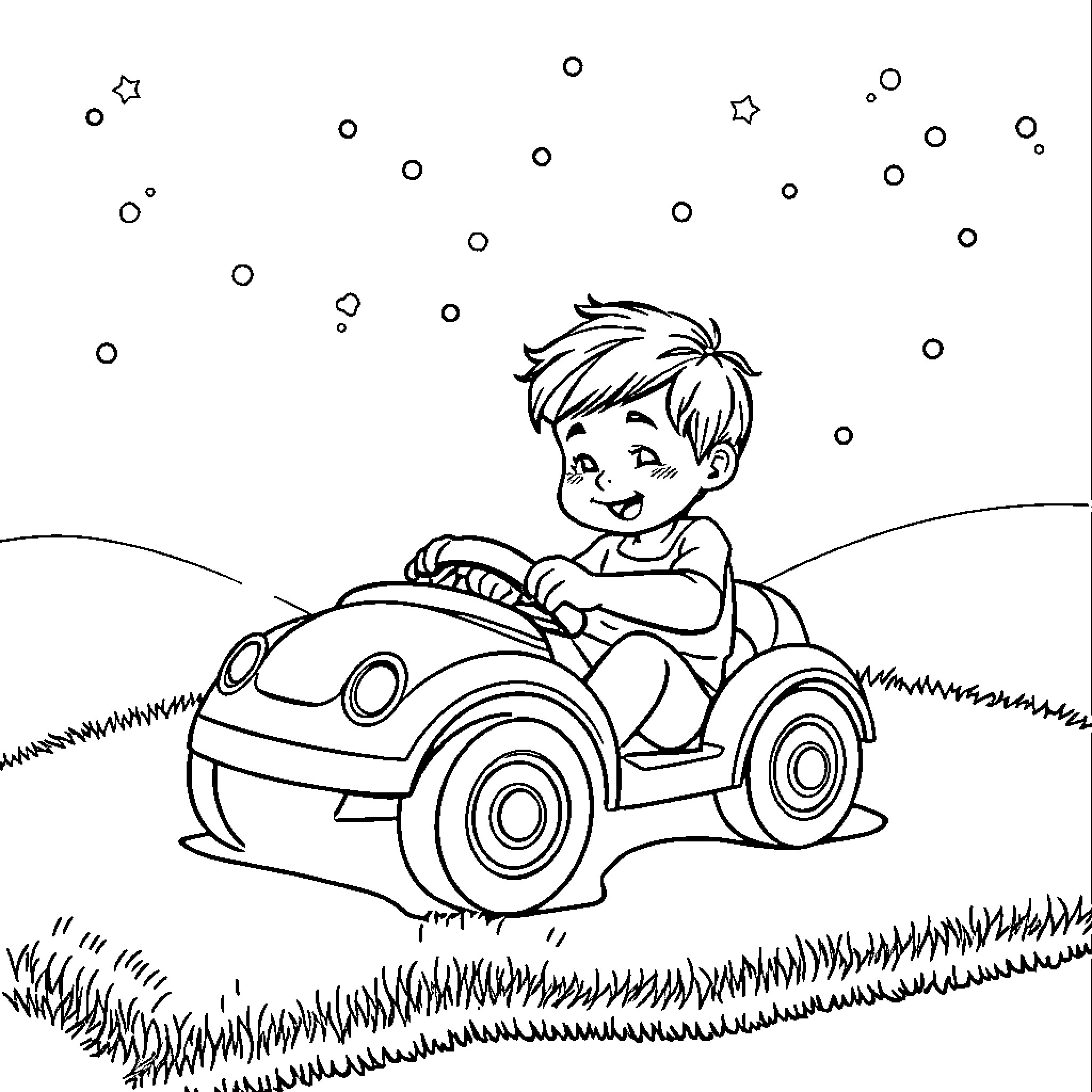 Niño driving a toy car in a field Coloring Page (free black-and-white line drawing printable PDF for all, from beginners to advanced learners, including children, teens, adults, and seniors)