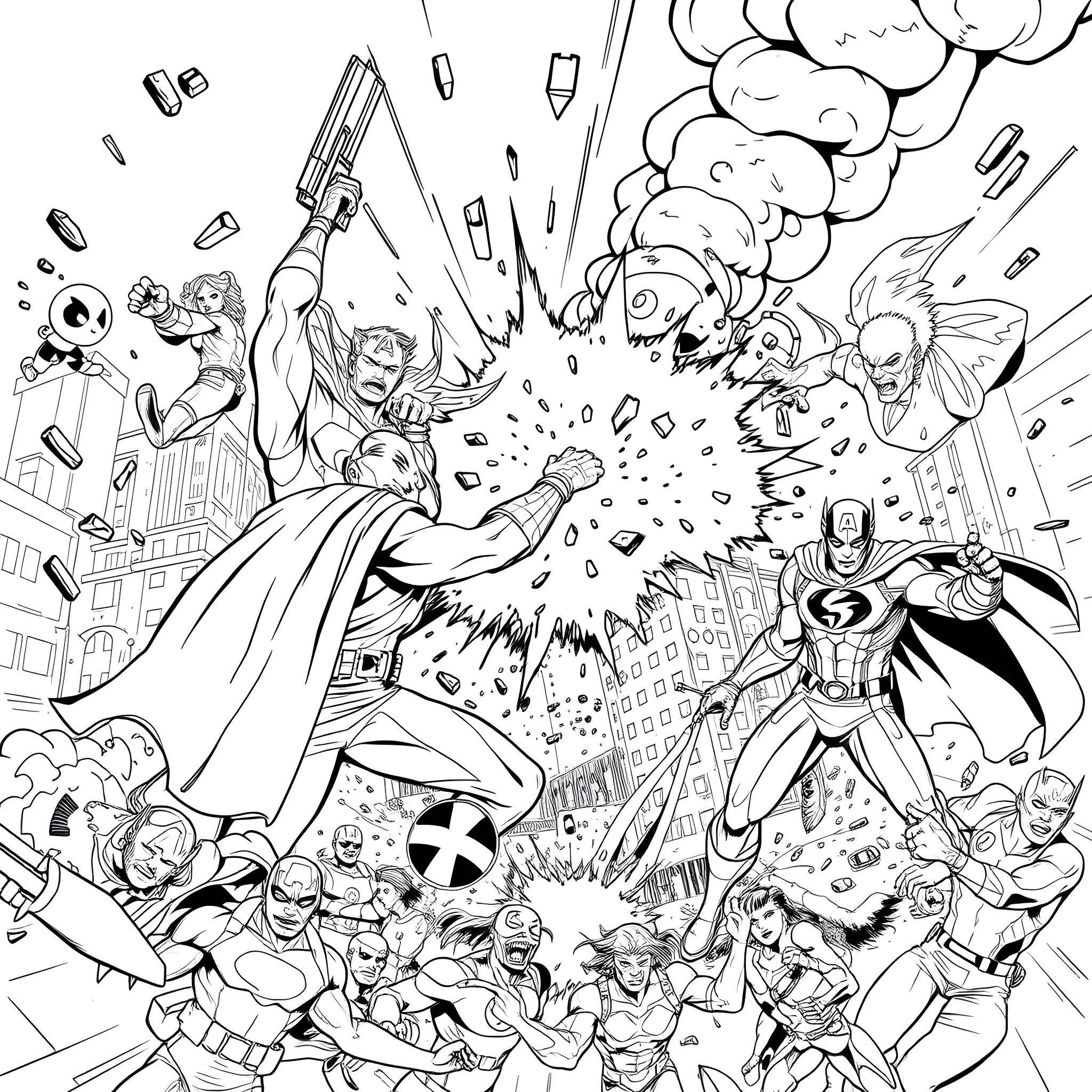 Avengers Assemble in Epic Superhero Battle Coloring Page (free black-and-white line drawing printable PDF for all, from beginners to advanced learners, including children, teens, adults, and seniors)