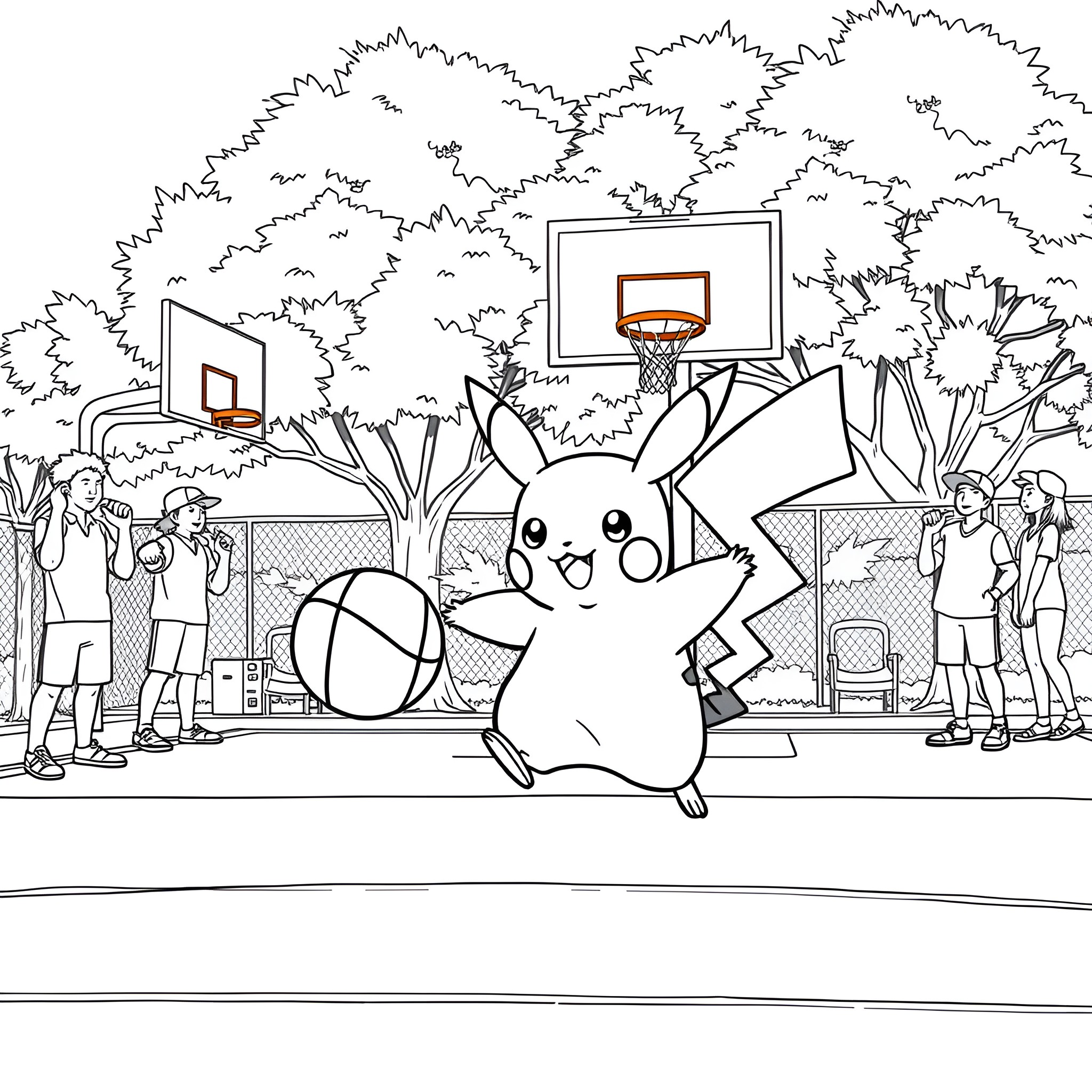 Pikachu playing basketball with friends in the park Coloring Page (free black-and-white line drawing printable PDF for all, from beginners to advanced learners, including children, teens, adults, and seniors)