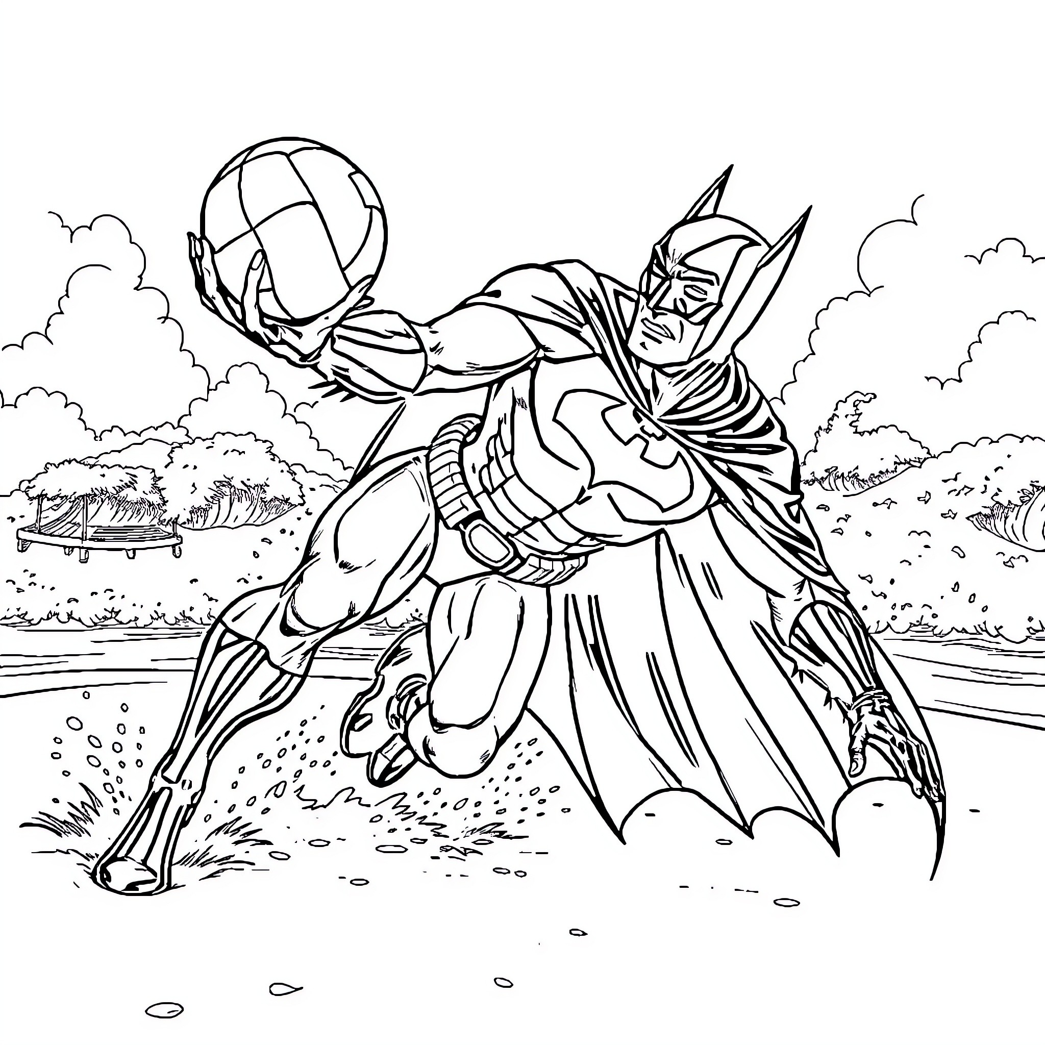 Batman in action-packed adventure scene Coloring Page (free black-and-white line drawing printable PDF for all, from beginners to advanced learners, including children, teens, adults, and seniors)
