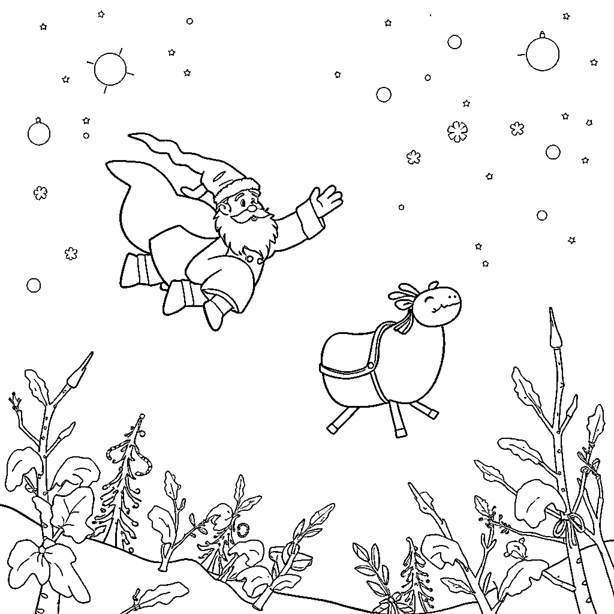 Renne's Magical Winter Journey Coloring Page (free black-and-white line drawing printable PDF for all, from beginners to advanced learners, including children, teens, adults, and seniors)