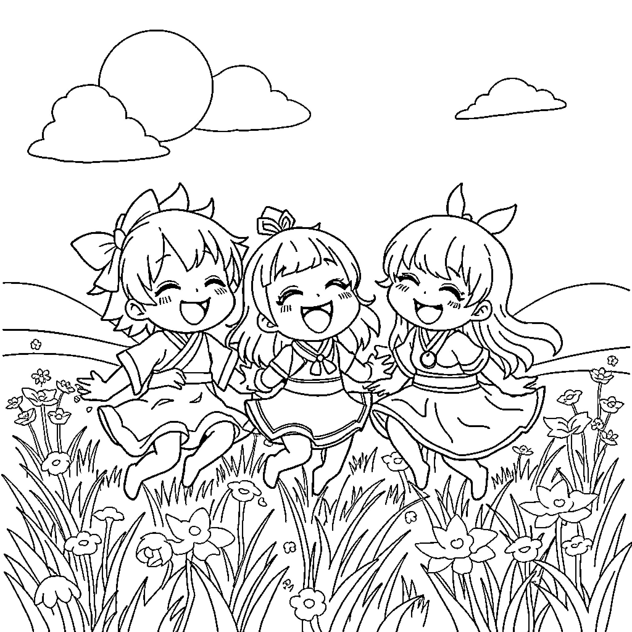 Genshin Character Trio Joyfully Playing in Nature Coloring Page (free black-and-white line drawing printable PDF for all, from beginners to advanced learners, including children, teens, adults, and seniors)