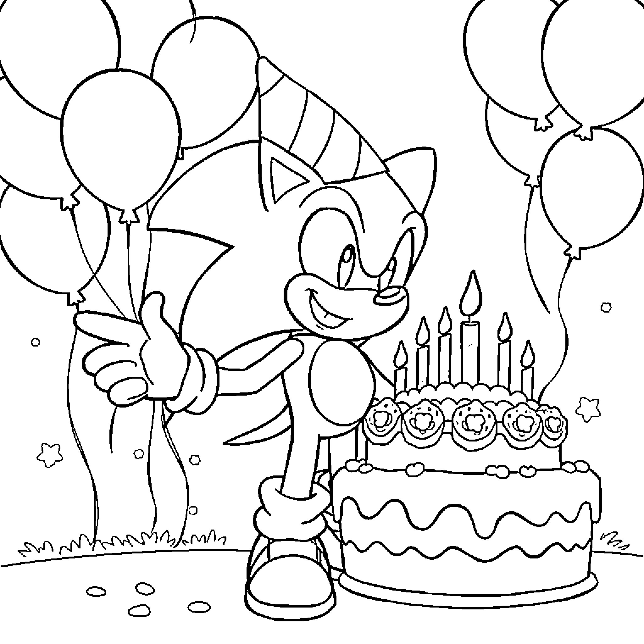 Sonic Celebrating Birthday with Balloons and Cake Coloring Page (free black-and-white line drawing printable PDF for all, from beginners to advanced learners, including children, teens, adults, and seniors)