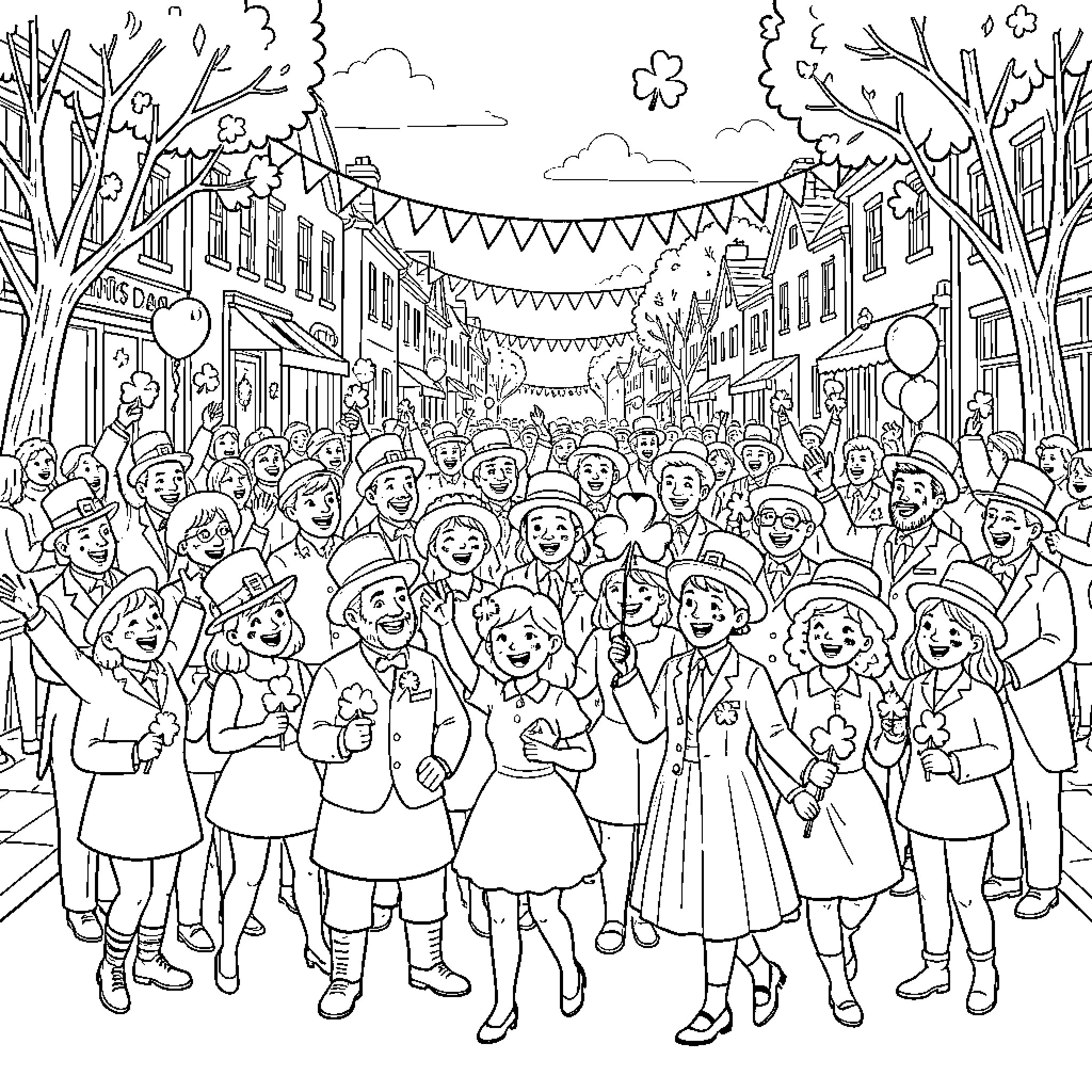 St Patrick's Day Parade Celebration with Lively Crowds Coloring Page (free black-and-white line drawing printable PDF for all, from beginners to advanced learners, including children, teens, adults, and seniors)