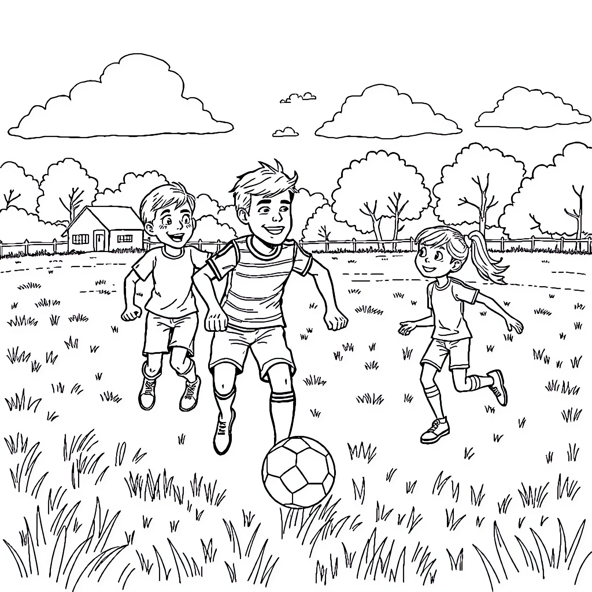 Arthur Morgan and friends playing soccer in the countryside Coloring Page (free black-and-white line drawing printable PDF for all, from beginners to advanced learners, including children, teens, adults, and seniors)