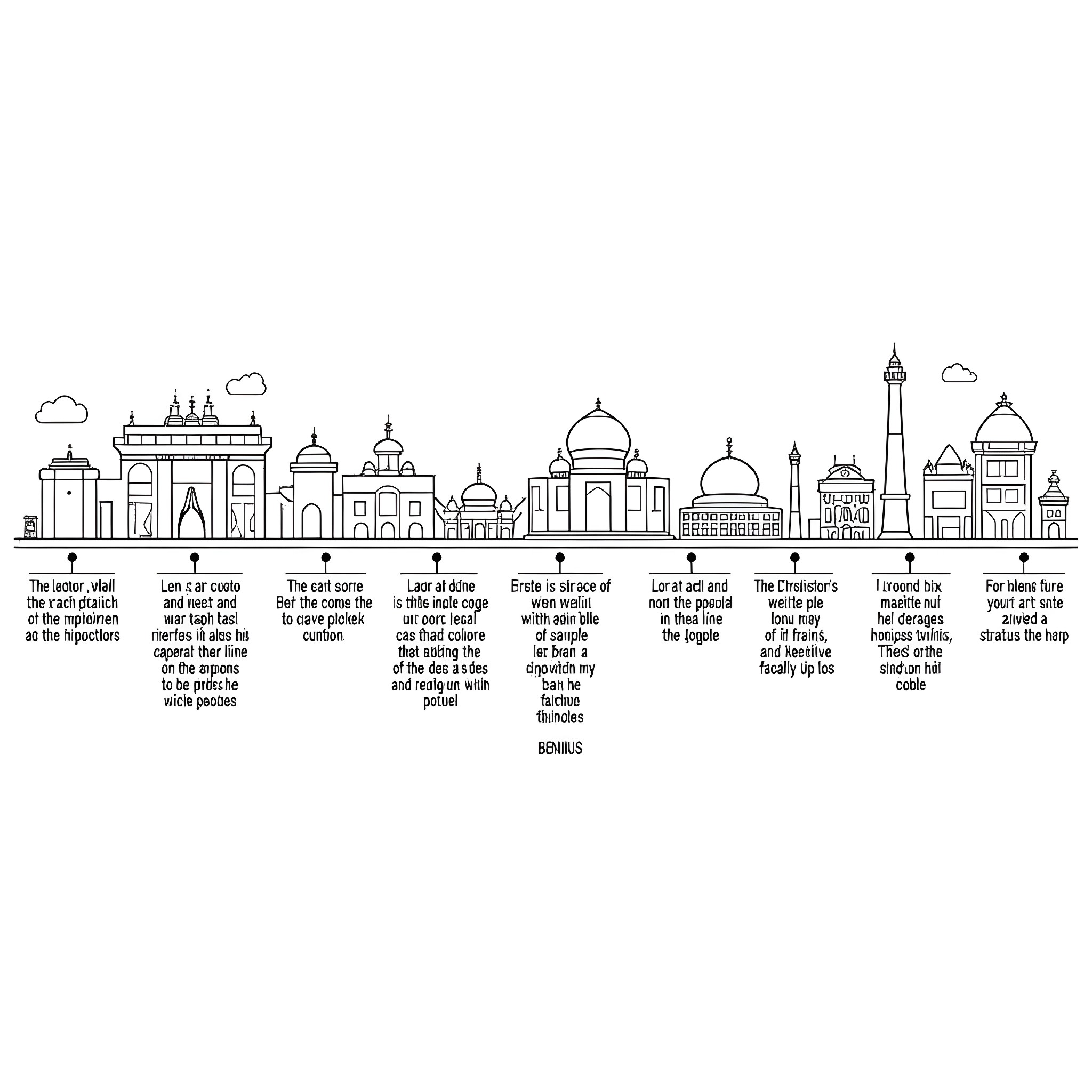 World History Landmarks and Monuments Around the World Coloring Page (free black-and-white line drawing printable PDF for all, from beginners to advanced learners, including children, teens, adults, and seniors)