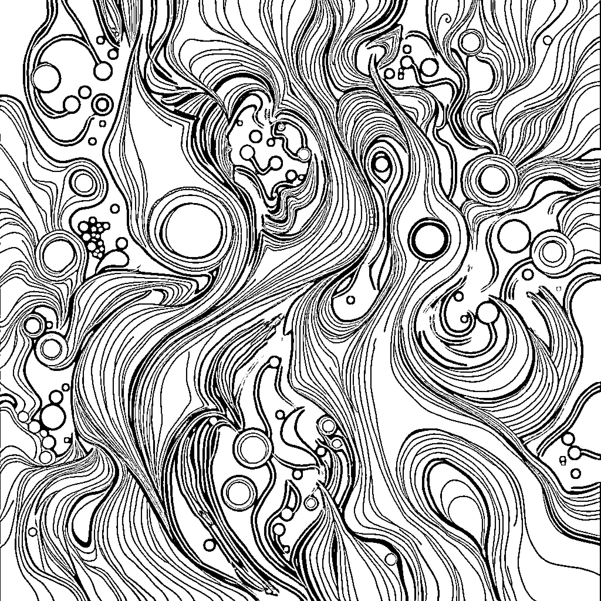Abstract Fluid Motions and Organic Patterns Coloring Page (free black-and-white line drawing printable PDF for all, from beginners to advanced learners, including children, teens, adults, and seniors)