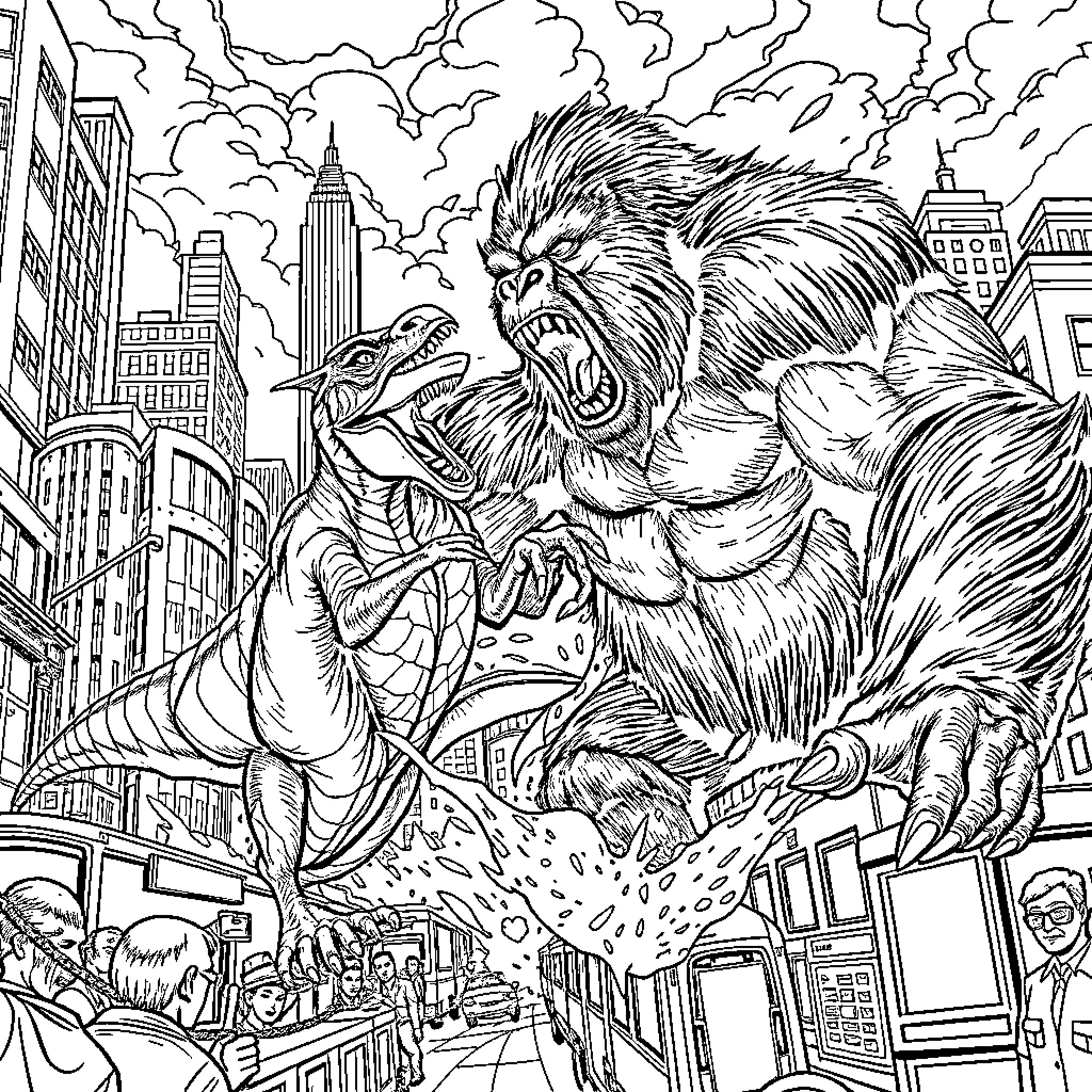 Raptor Creature Rampaging Through City Coloring Page (free black-and-white line drawing printable PDF for all, from beginners to advanced learners, including children, teens, adults, and seniors)