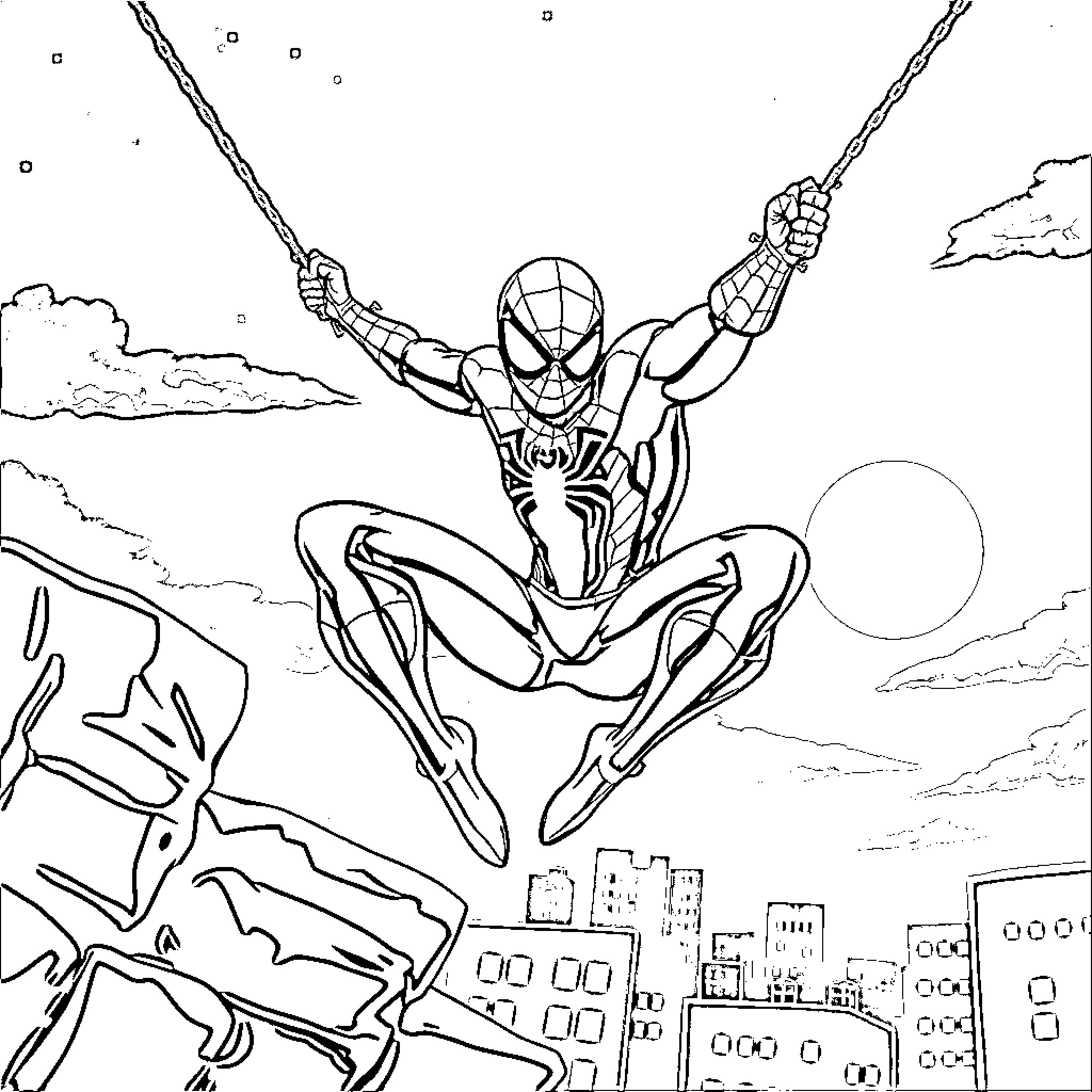 Spiderman swinging heroically through the city Coloring Page (free black-and-white line drawing printable PDF for all, from beginners to advanced learners, including children, teens, adults, and seniors)