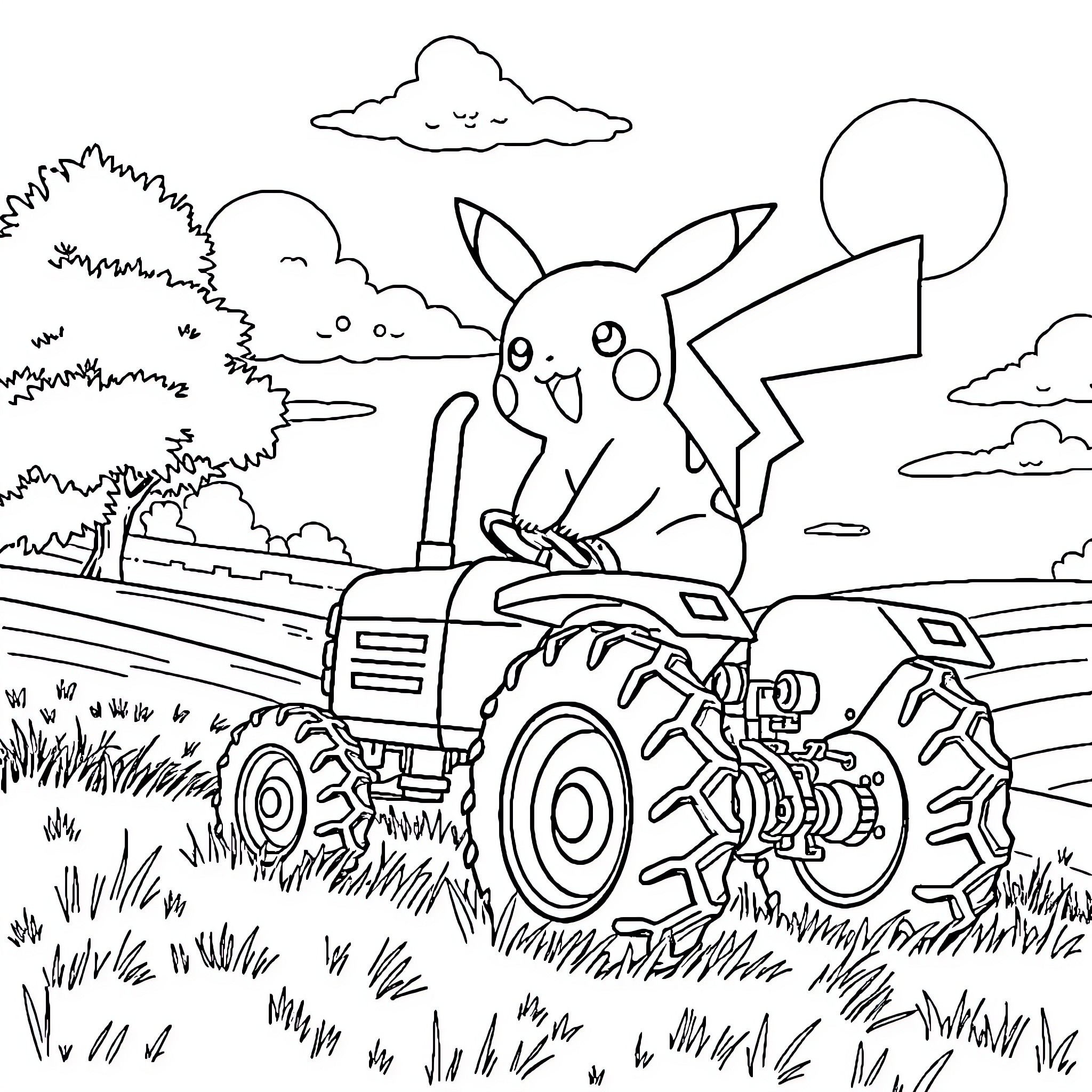 Pikachu driving a tractor in the countryside Coloring Page (free black-and-white line drawing printable PDF for all, from beginners to advanced learners, including children, teens, adults, and seniors)