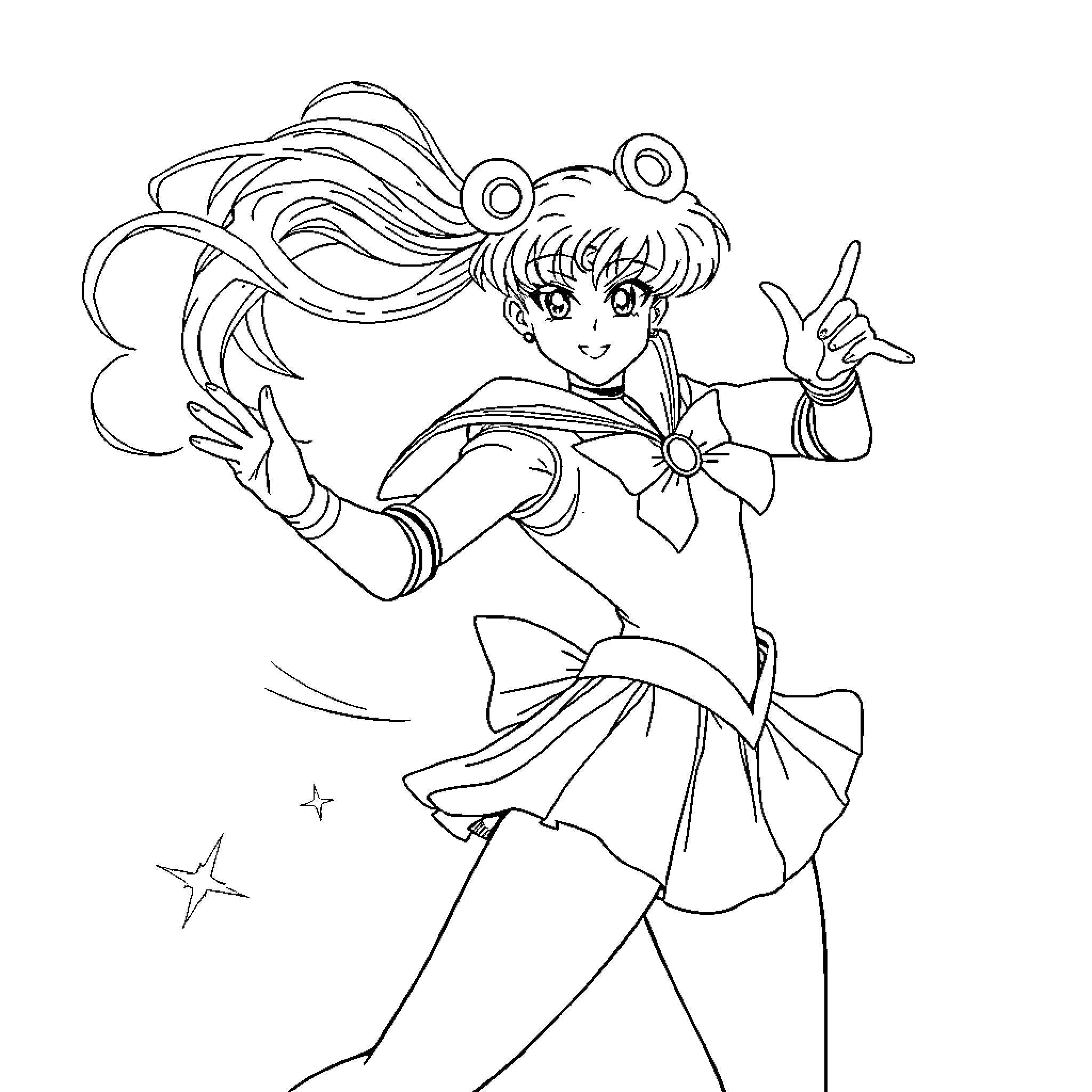 Sailor Moon posing playfully in her iconic outfit Coloring Page (free black-and-white line drawing printable PDF for all, from beginners to advanced learners, including children, teens, adults, and seniors)