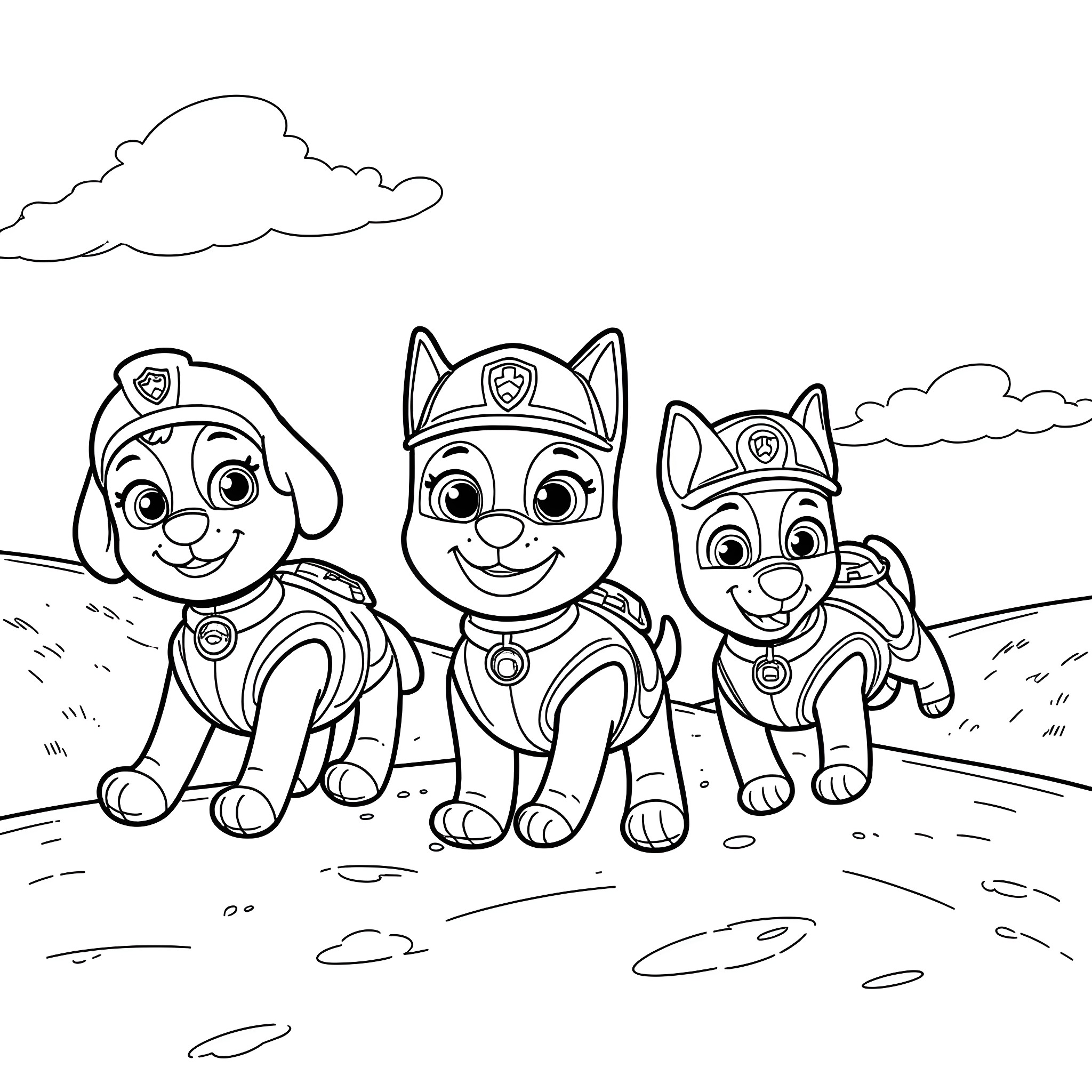 Paw Patrol puppy characters on a mission Coloring Page (free black-and-white line drawing printable PDF for all, from beginners to advanced learners, including children, teens, adults, and seniors)