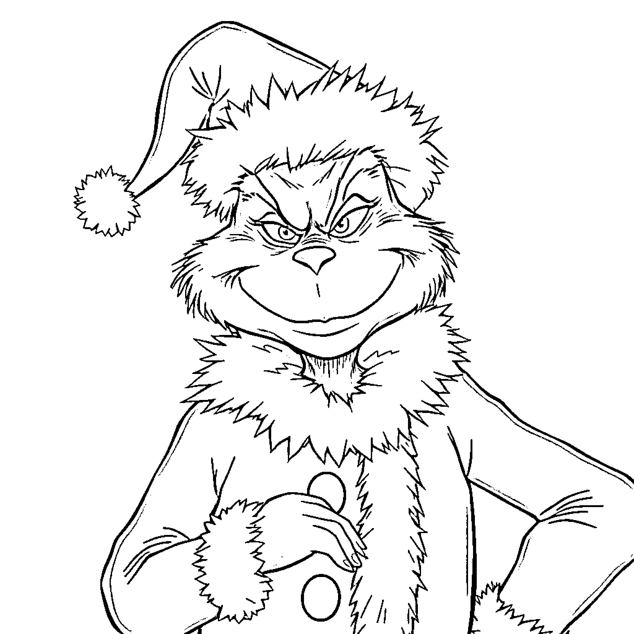 Grinch making a mischievous expression Coloring Page (free black-and-white line drawing printable PDF for all, from beginners to advanced learners, including children, teens, adults, and seniors)