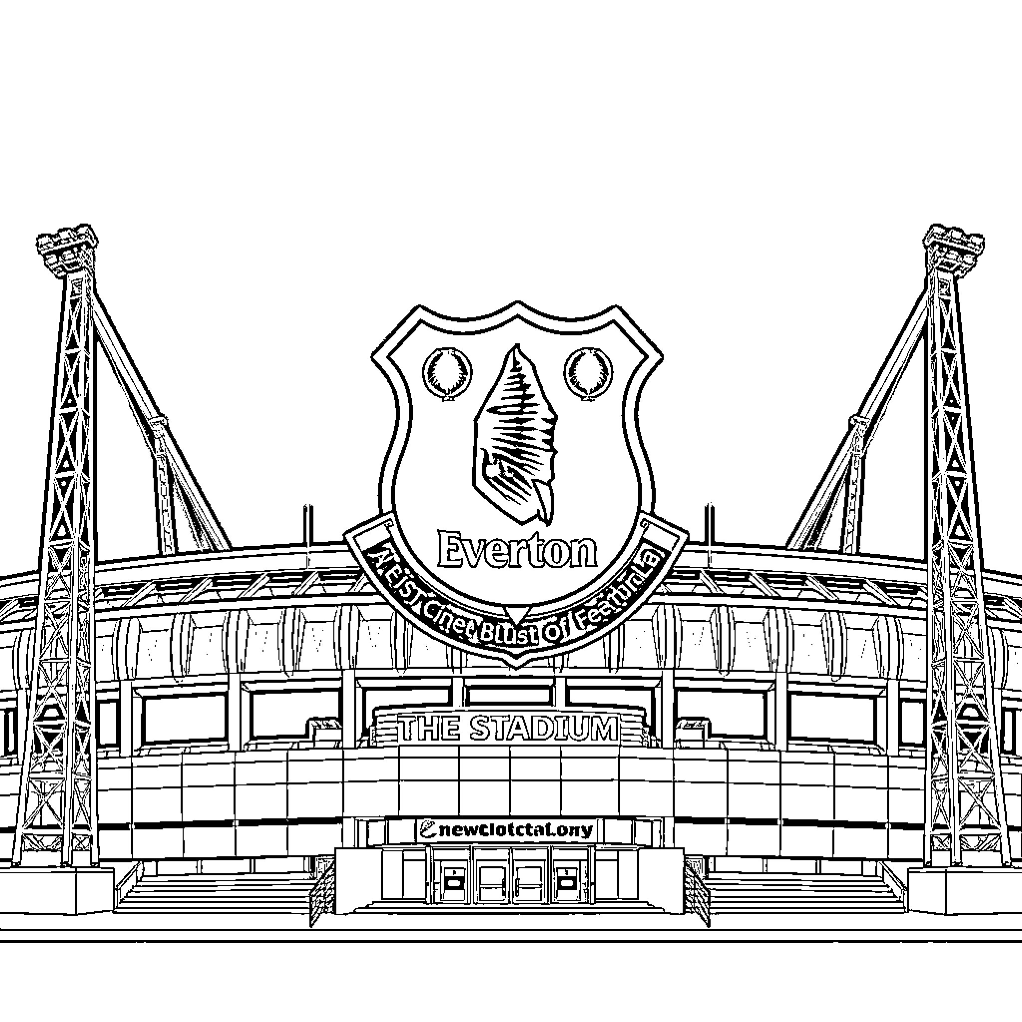 Everton football stadium and emblems Coloring Page (free black-and-white line drawing printable PDF for all, from beginners to advanced learners, including children, teens, adults, and seniors)