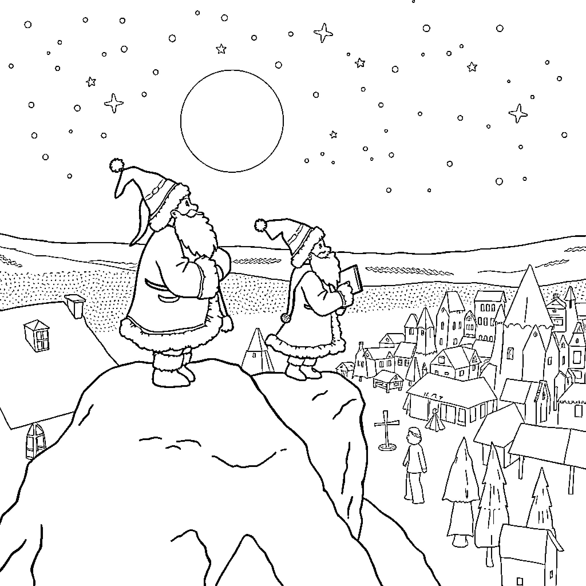 Sinterklaas overlooking a winter wonderland Coloring Page (free black-and-white line drawing printable PDF for all, from beginners to advanced learners, including children, teens, adults, and seniors)
