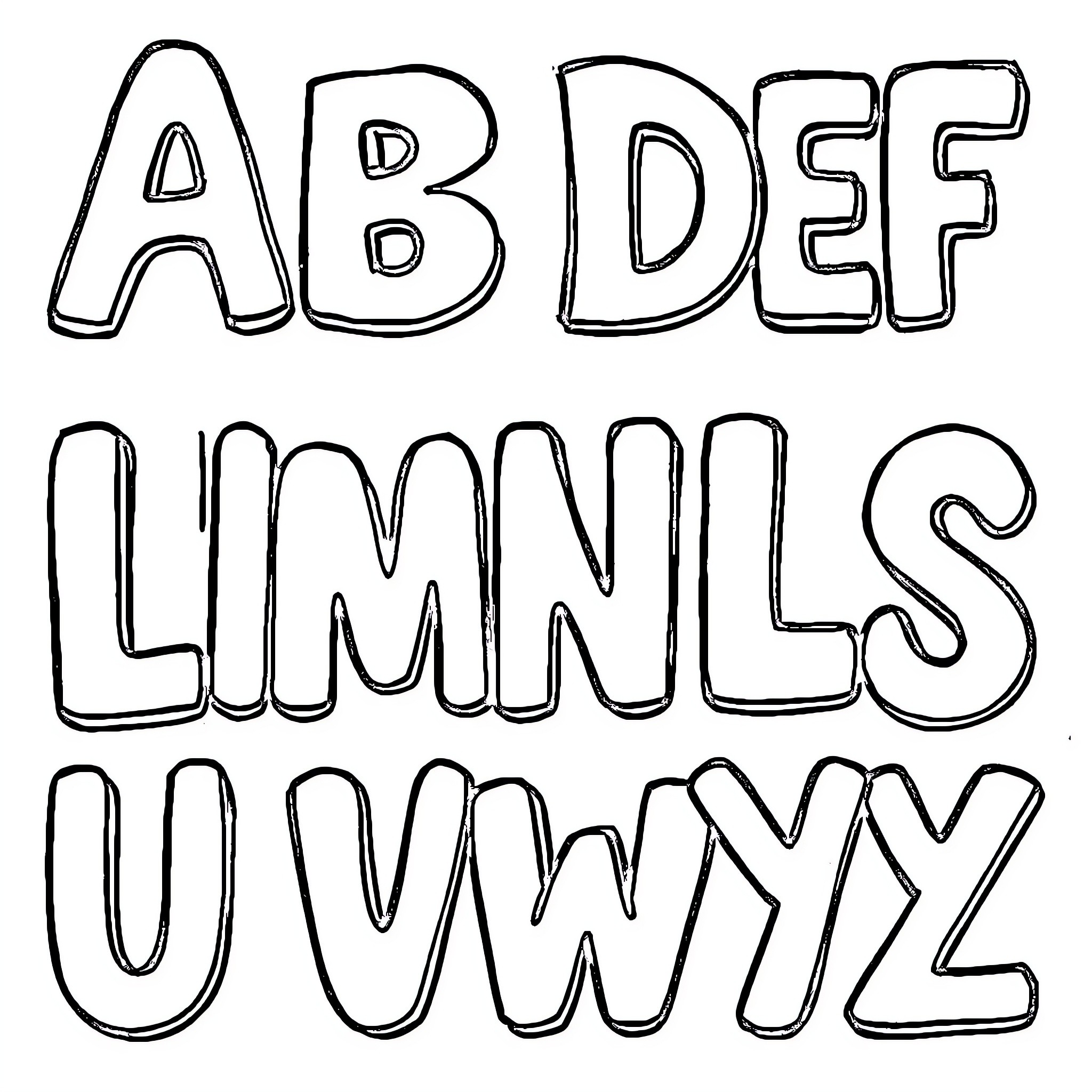 Alphabet with playful lettering style Coloring Page (free black-and-white line drawing printable PDF for all, from beginners to advanced learners, including children, teens, adults, and seniors)