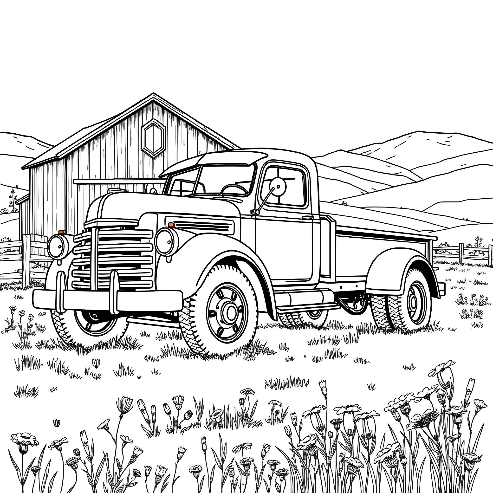 Truck parked in rural countryside near old wooden barn Coloring Page (free black-and-white line drawing printable PDF for all, from beginners to advanced learners, including children, teens, adults, and seniors)