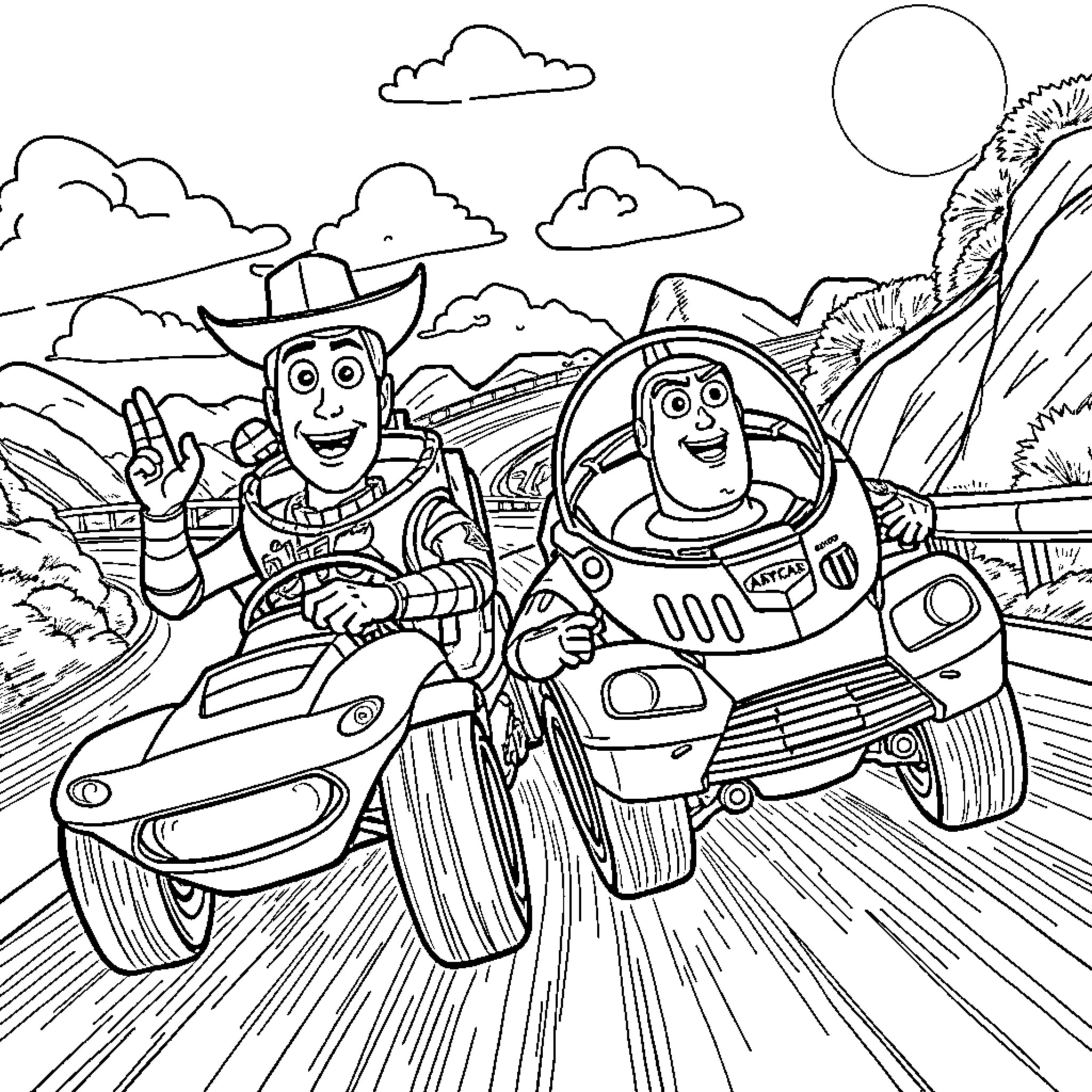 Buzz Lightyear and Woody riding in space vehicles Coloring Page (free black-and-white line drawing printable PDF for all, from beginners to advanced learners, including children, teens, adults, and seniors)