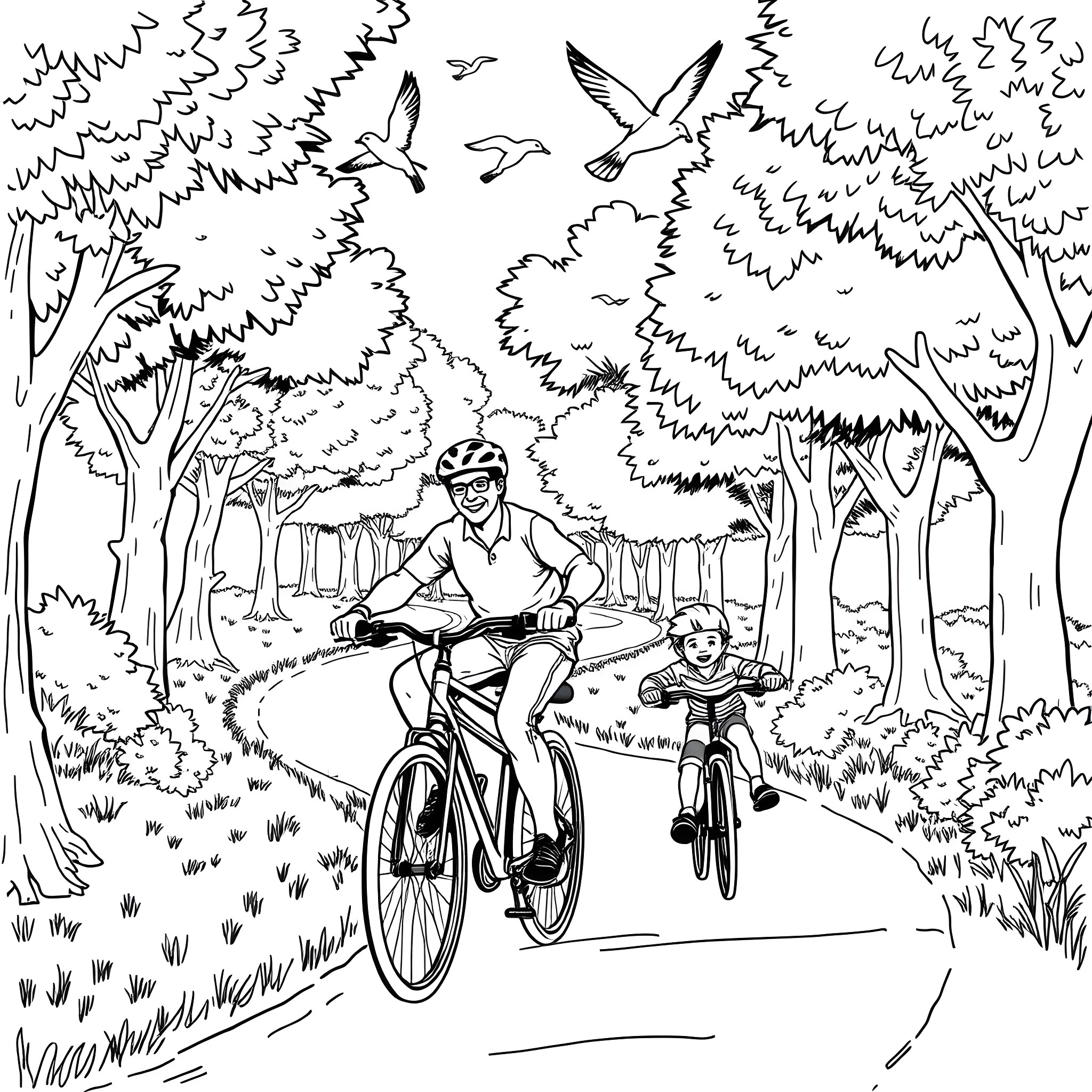 Bike ride through the forest with a parent and child Coloring Page (free black-and-white line drawing printable PDF for all, from beginners to advanced learners, including children, teens, adults, and seniors)