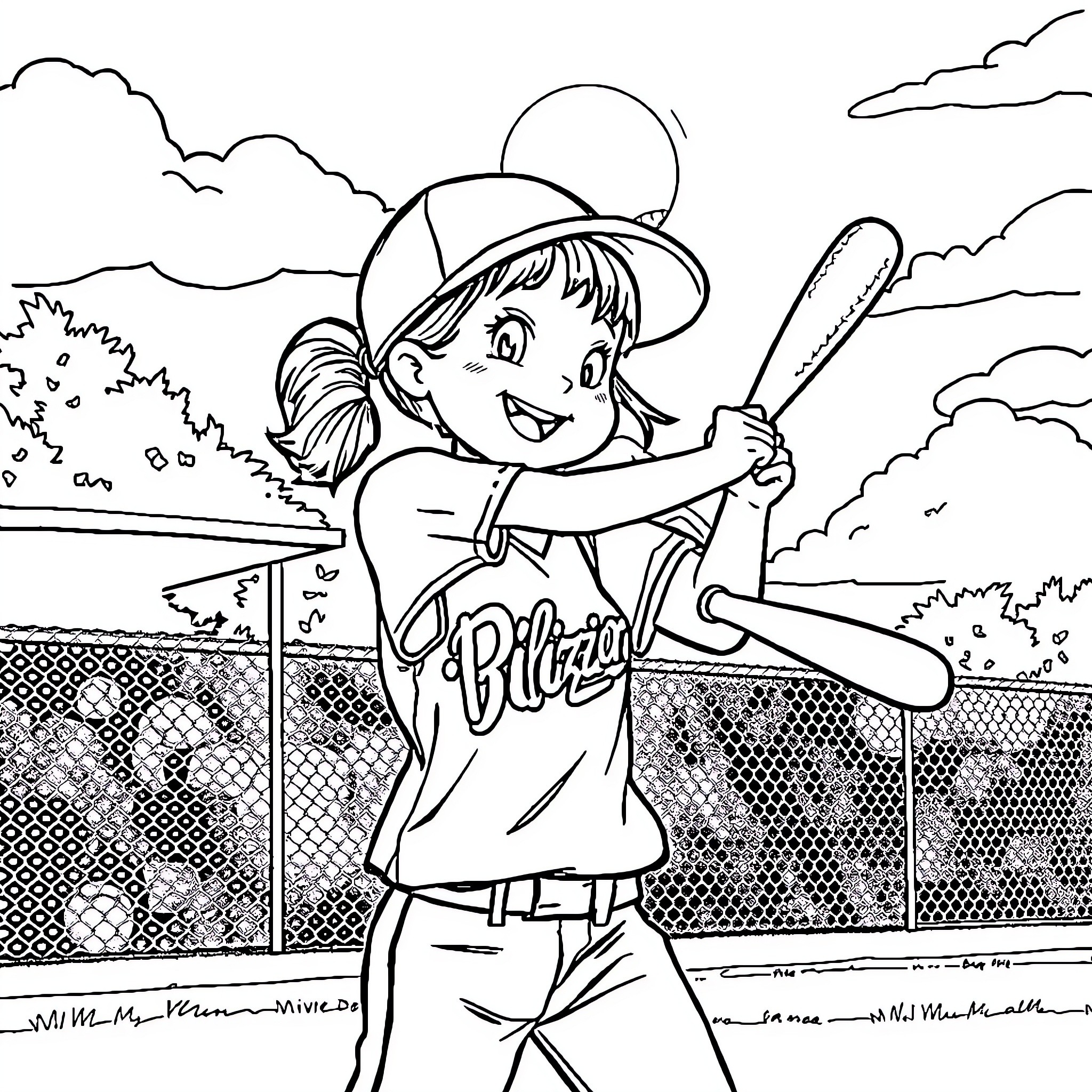 Girl playing baseball on the field Coloring Page (free black-and-white line drawing printable PDF for all, from beginners to advanced learners, including children, teens, adults, and seniors)