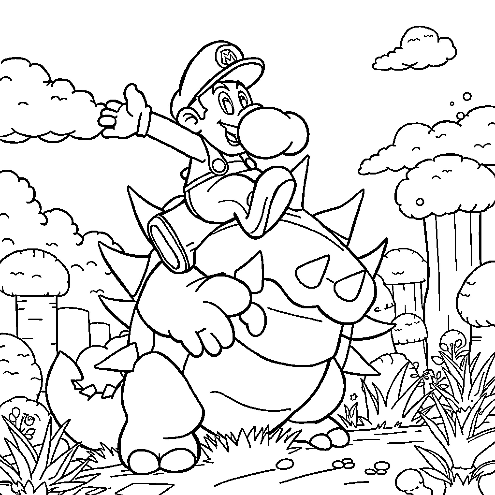 Mario riding a colorful dinosaur in the forest Coloring Page (free black-and-white line drawing printable PDF for all, from beginners to advanced learners, including children, teens, adults, and seniors)