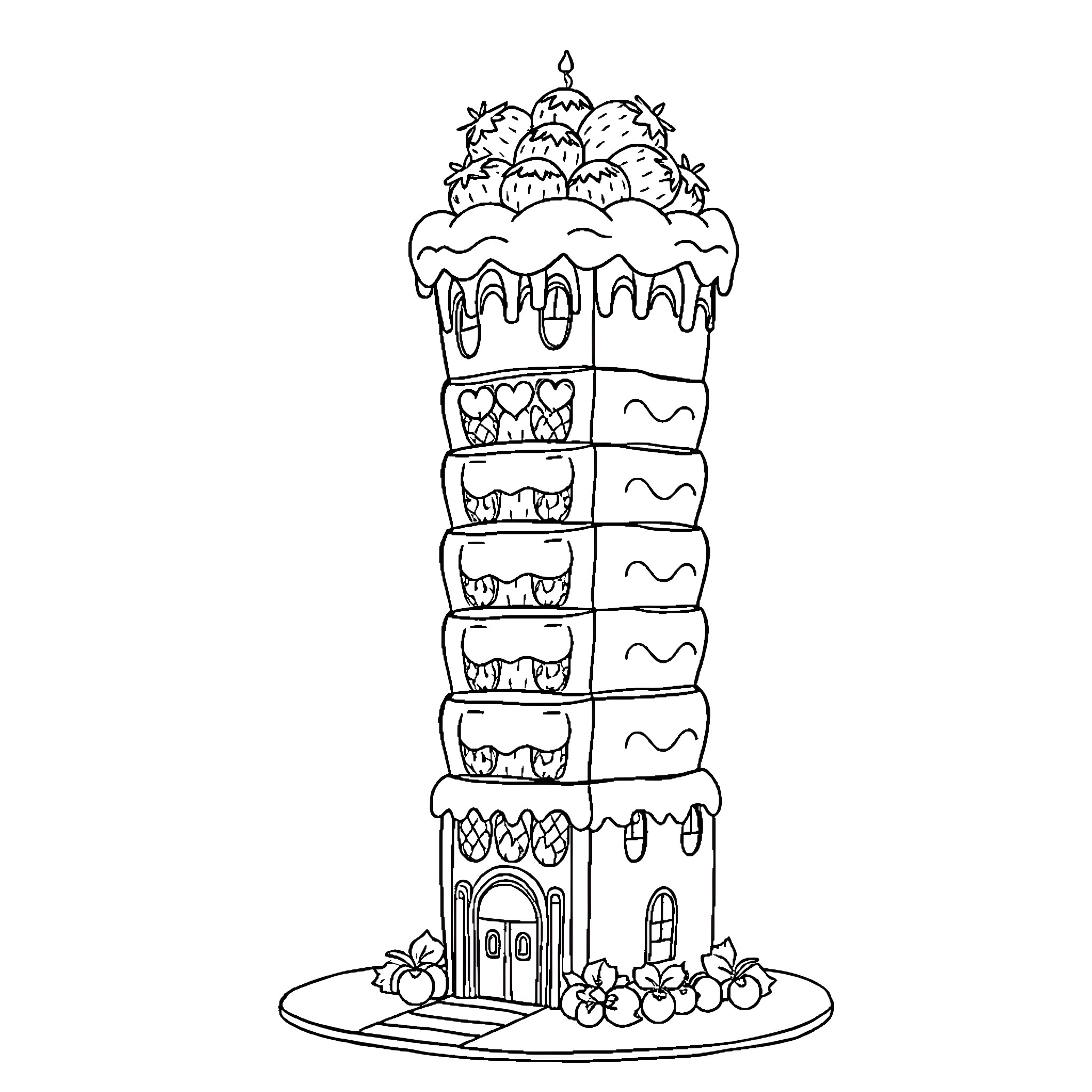 Strawberry Cake with Elaborate Decorations Coloring Page (free black-and-white line drawing printable PDF for all, from beginners to advanced learners, including children, teens, adults, and seniors)