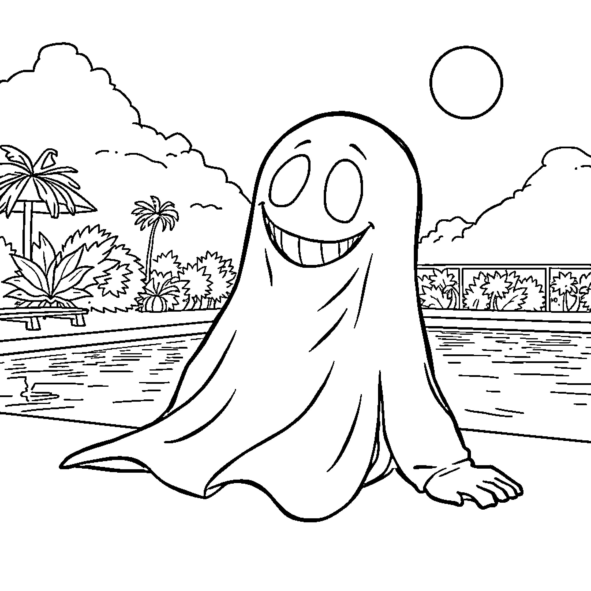 Ghostface smiling happily by a tropical swimming pool Coloring Page (free black-and-white line drawing printable PDF for all, from beginners to advanced learners, including children, teens, adults, and seniors)