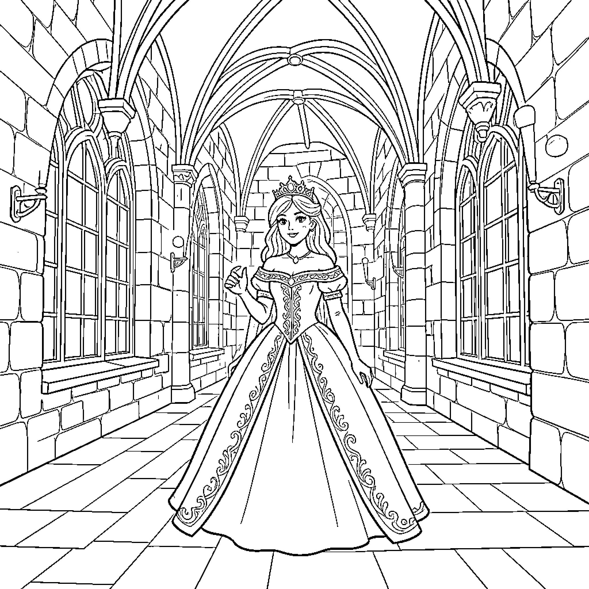 Princess wearing a gown standing in a castle hallway Coloring Page (free black-and-white line drawing printable PDF for all, from beginners to advanced learners, including children, teens, adults, and seniors)