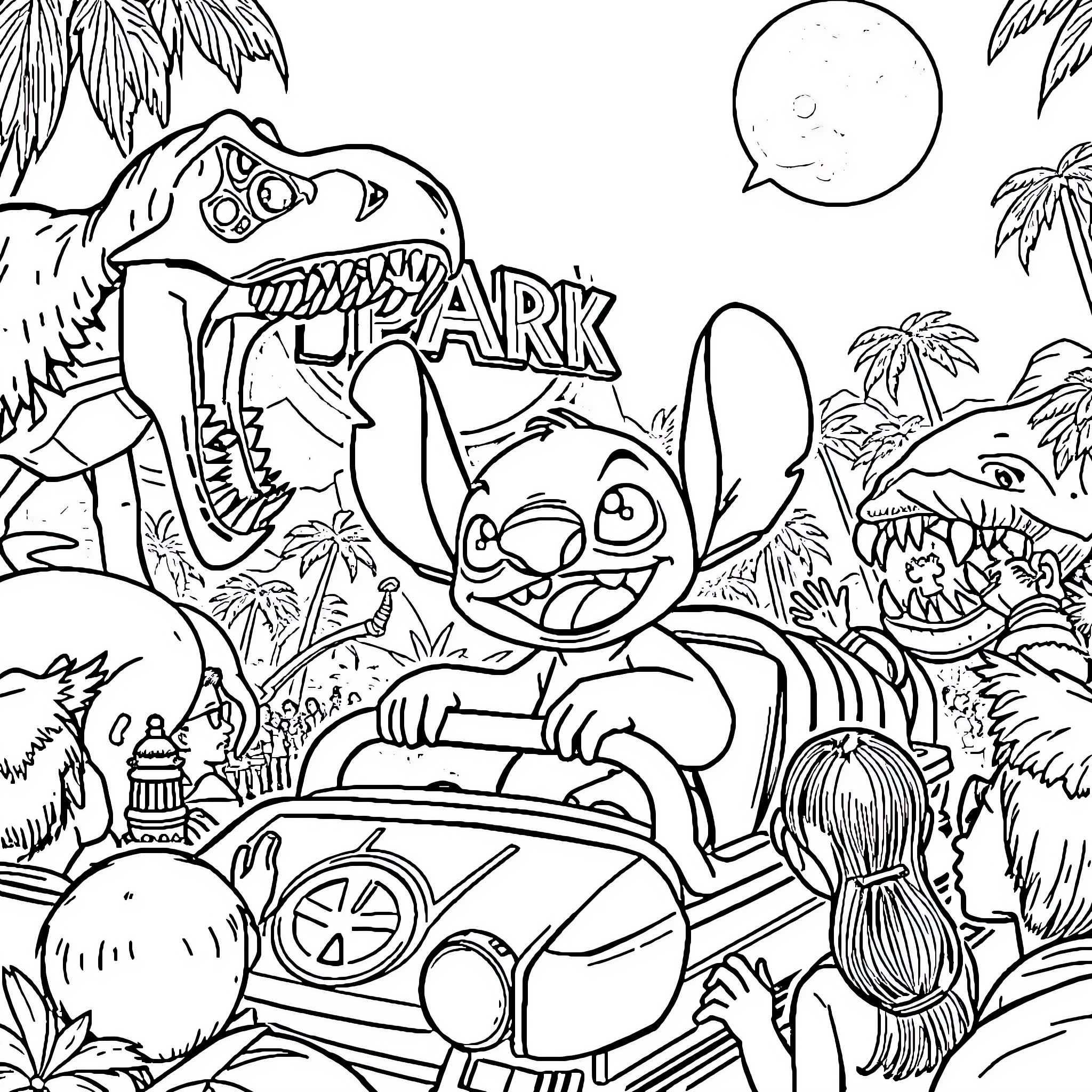 Stitch explores the prehistoric jungle Coloring Page (free black-and-white line drawing printable PDF for all, from beginners to advanced learners, including children, teens, adults, and seniors)